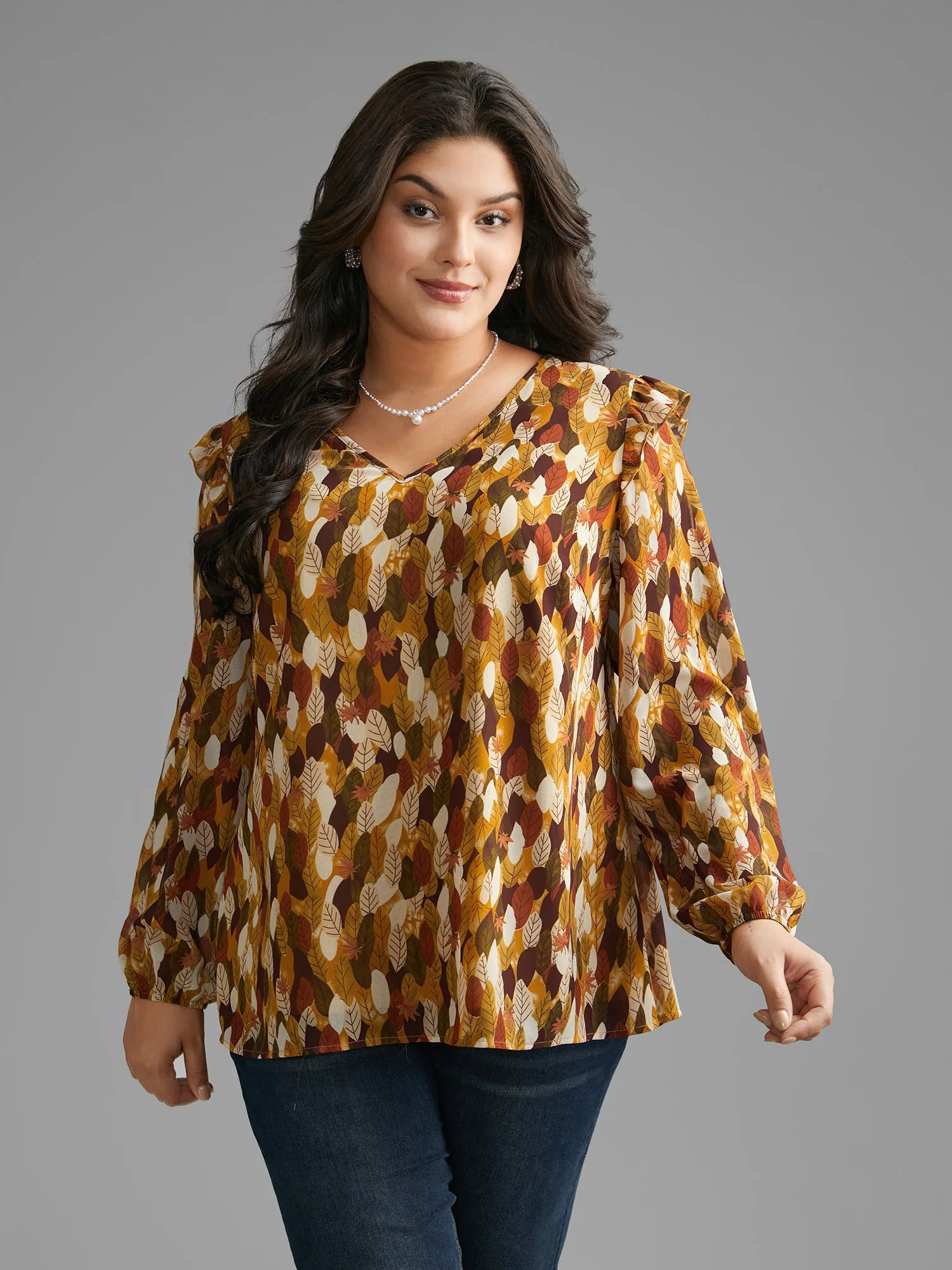 Leaves Print Ruffle Trim Slit Hem Blouse sold by Bloomchic product image thumbnail 4