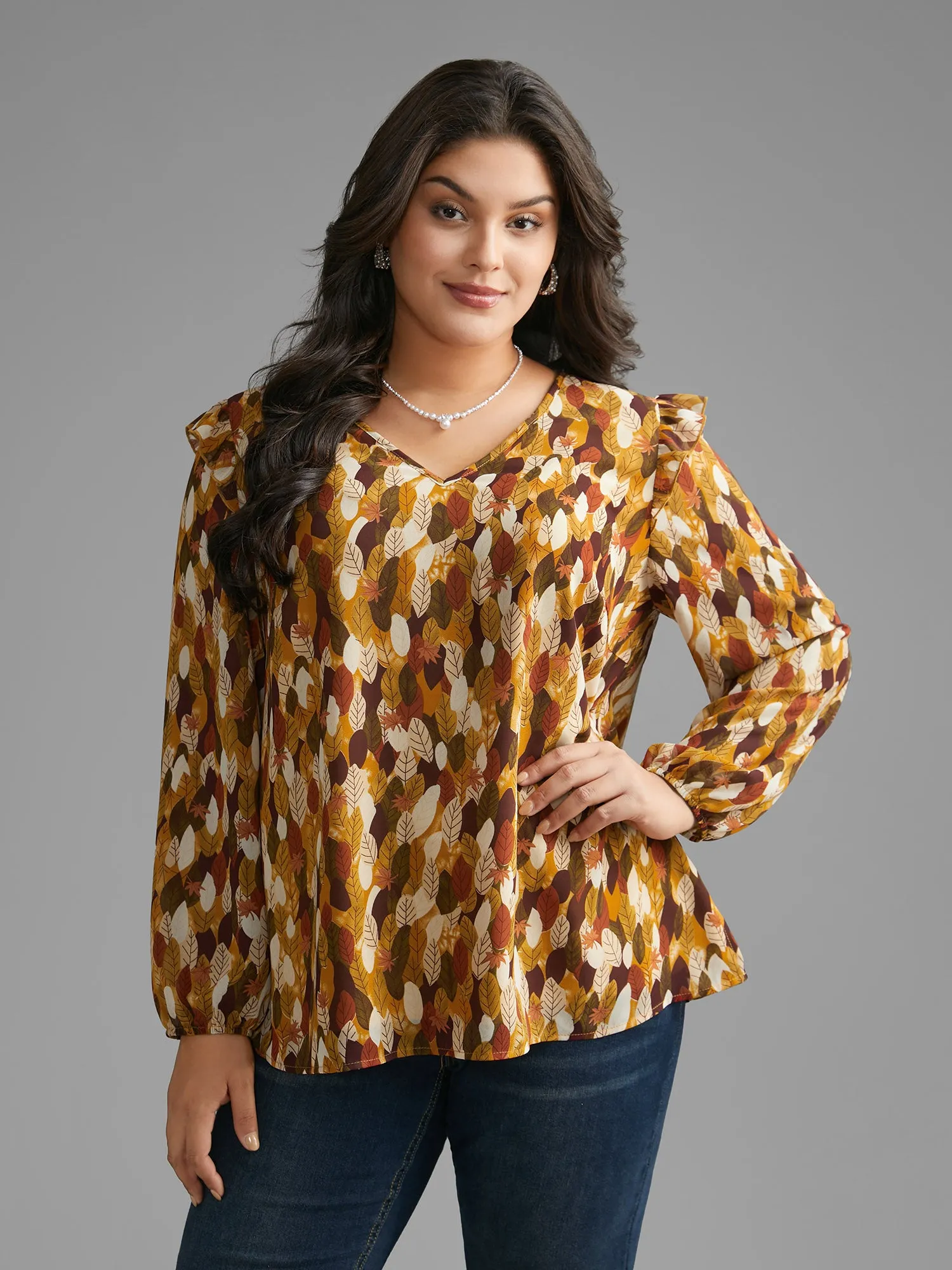 Leaves Print Ruffle Trim Slit Hem Blouse sold by Bloomchic