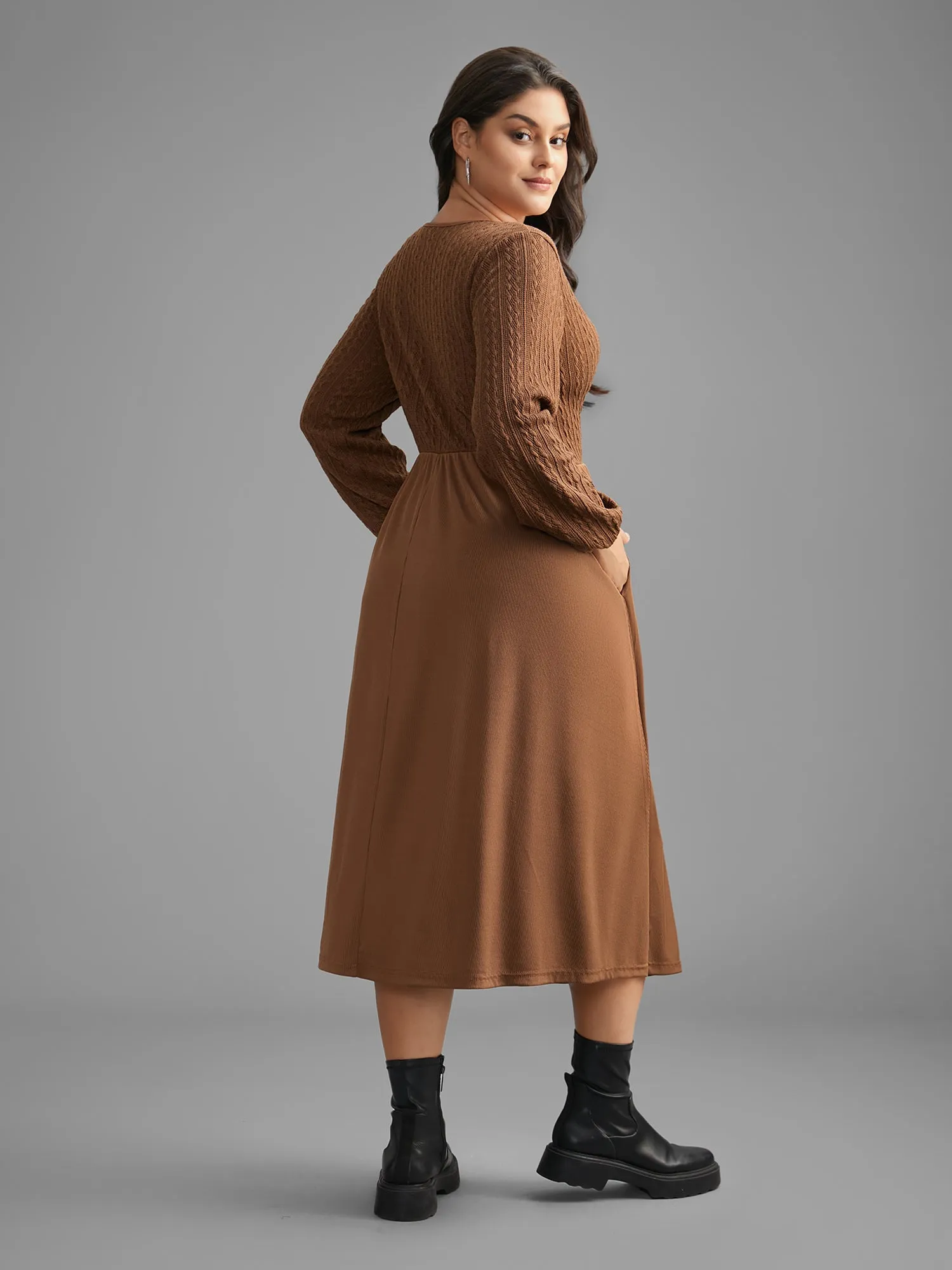 V Neck Textured Patchwork Knit Dress sold by Bloomchic product image thumbnail 5