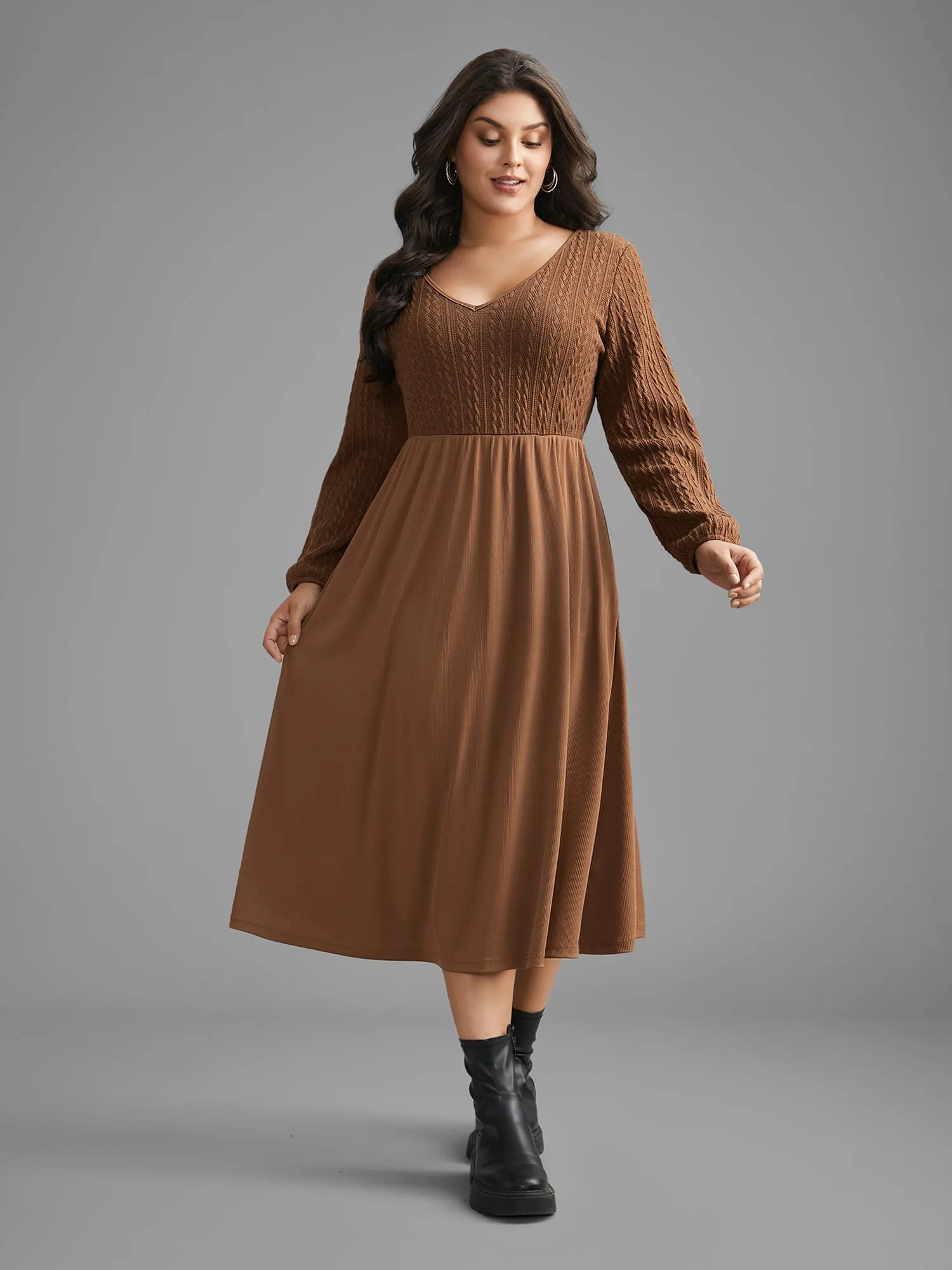 V Neck Textured Patchwork Knit Dress sold by Bloomchic product image thumbnail 2