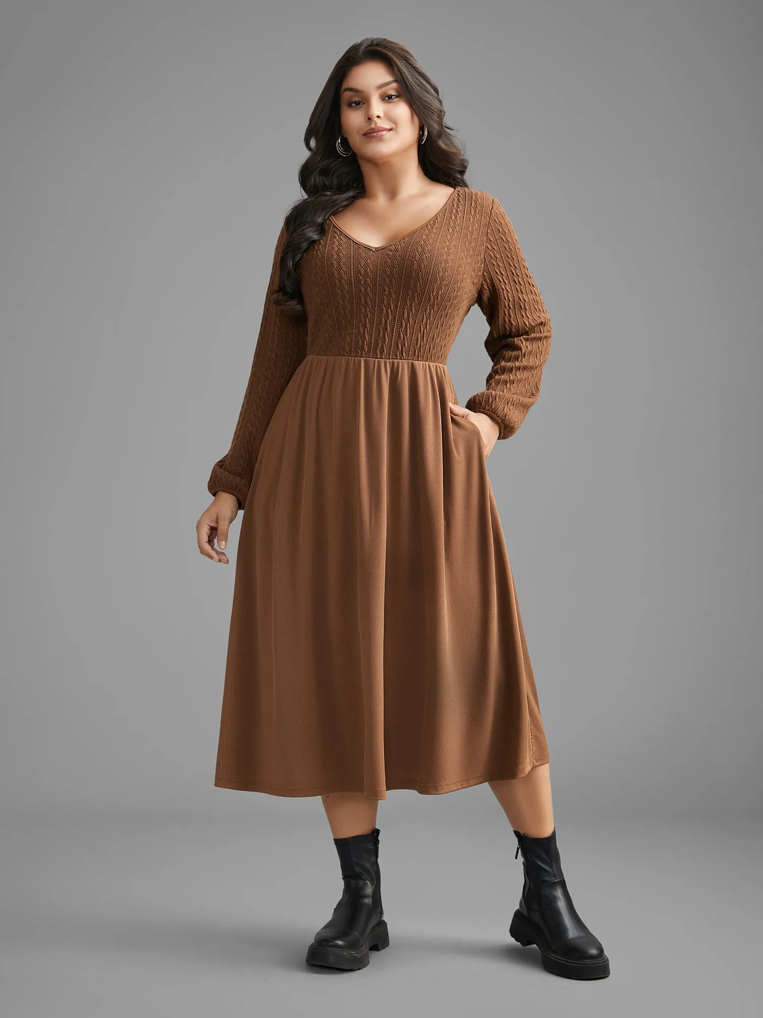 V Neck Textured Patchwork Knit Dress sold by Bloomchic product image thumbnail 3