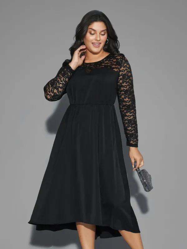 Lace Patchwork Elastic Waist Midi Dress sold by Bloomchic