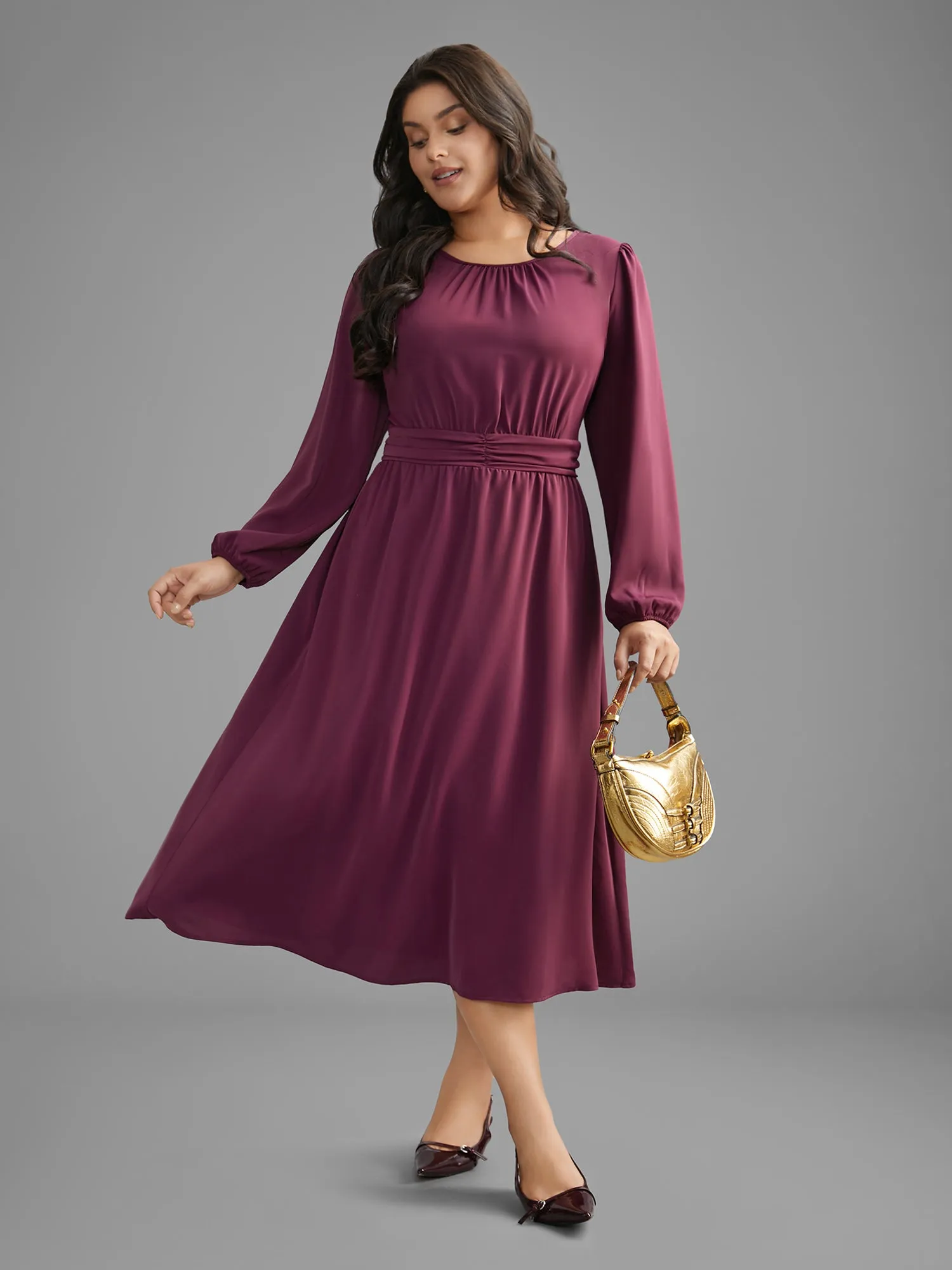 Solid Gathered Lantern Sleeve Midi Dress sold by Bloomchic