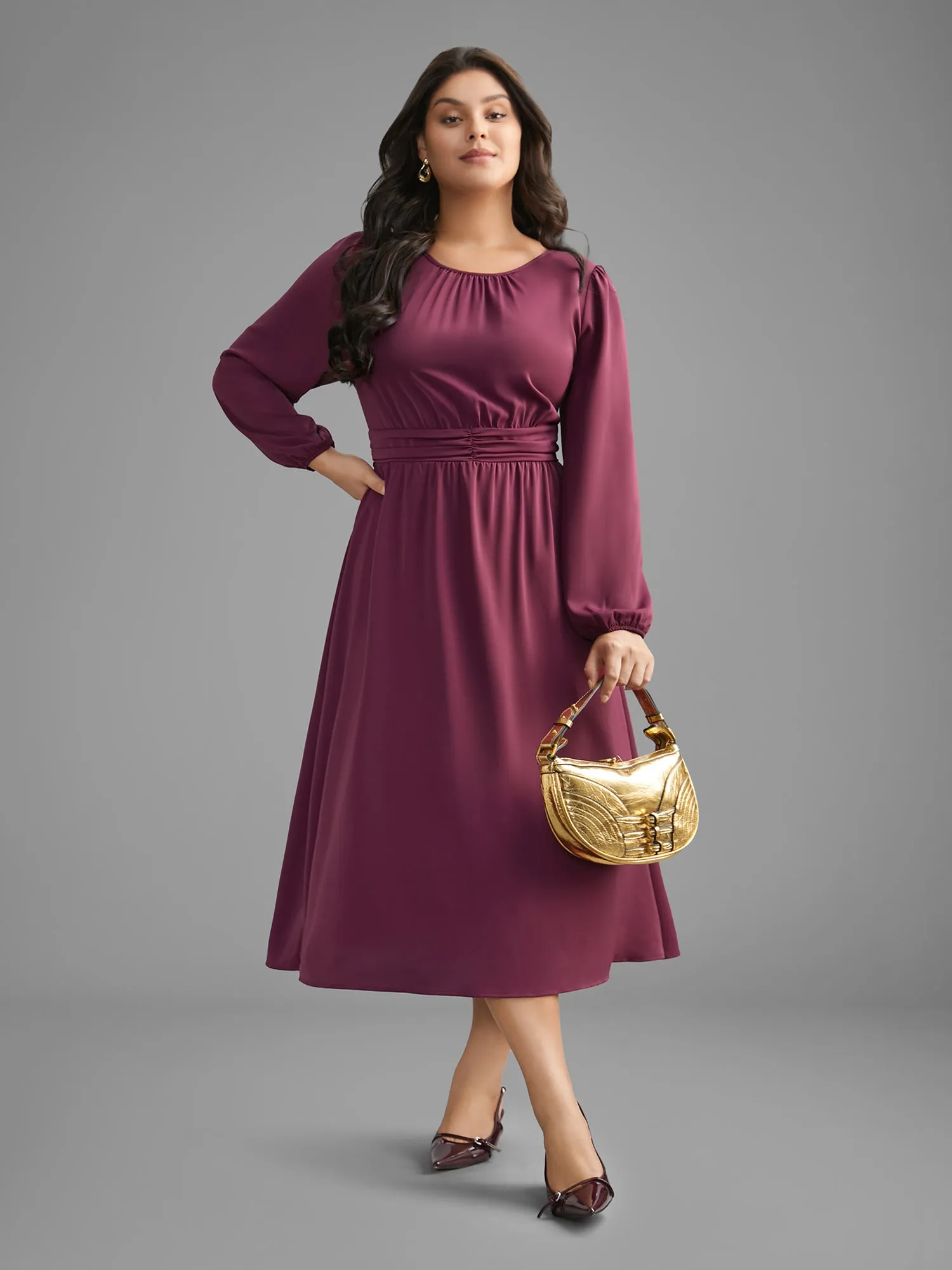 Solid Gathered Lantern Sleeve Midi Dress sold by Bloomchic product image thumbnail 3