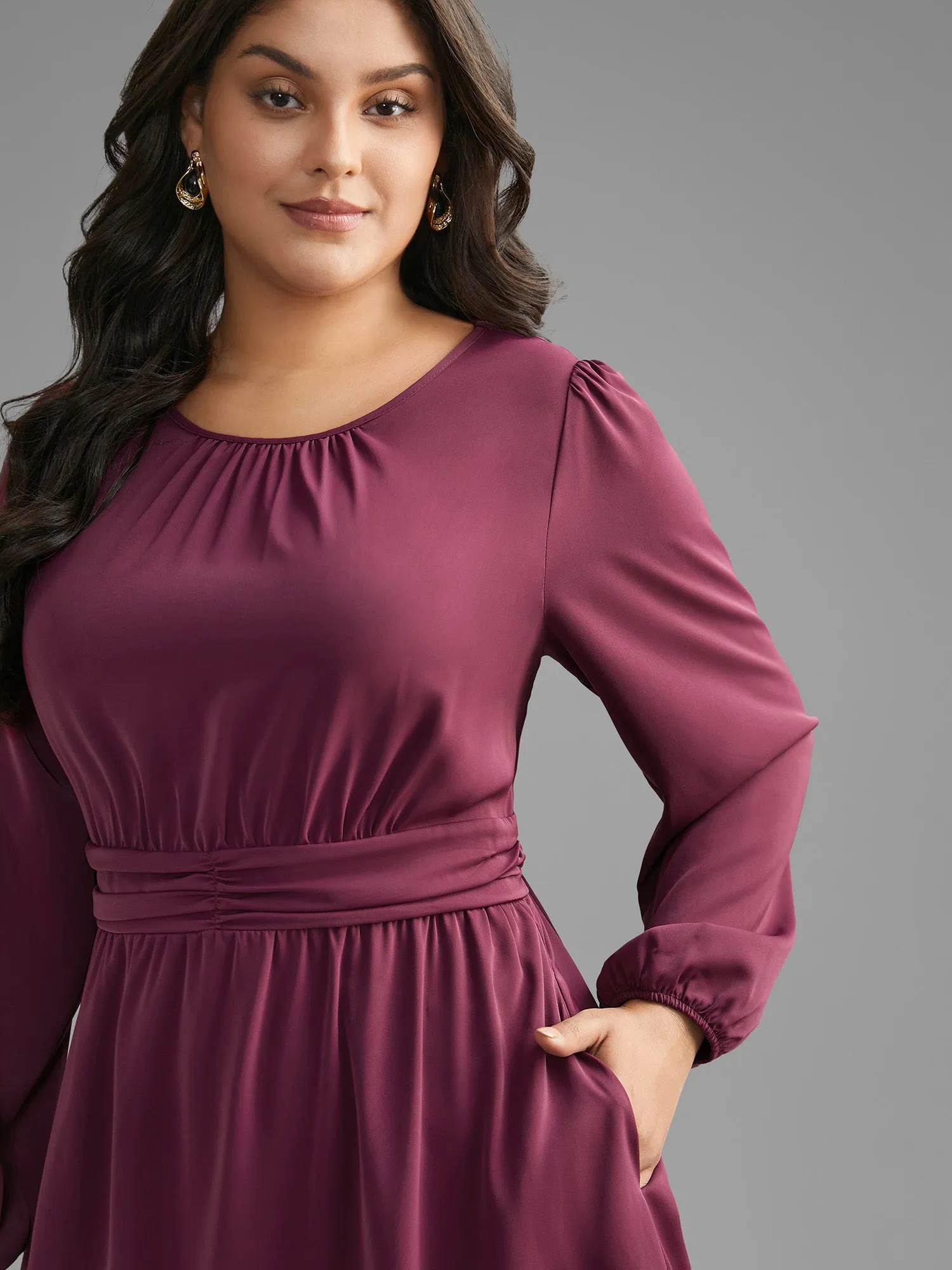 Solid Gathered Lantern Sleeve Midi Dress sold by Bloomchic product image thumbnail 2