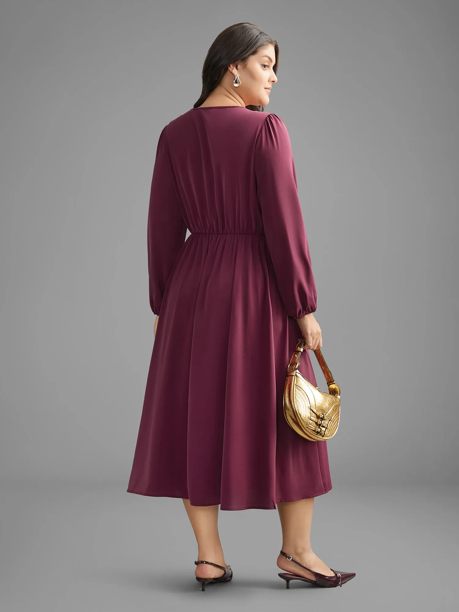 Solid Gathered Lantern Sleeve Midi Dress sold by Bloomchic product image thumbnail 4