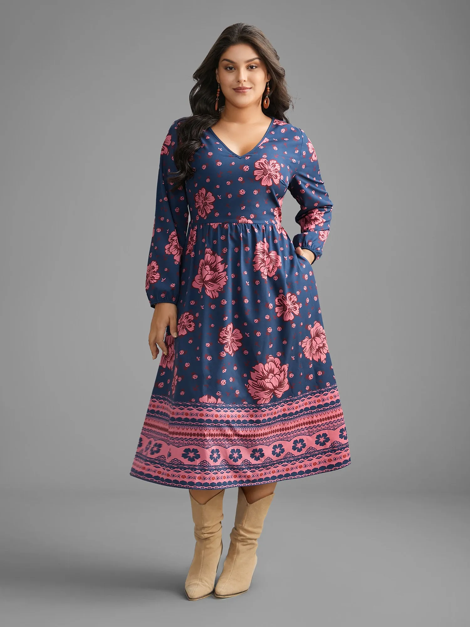 Boho Print V Neck Elastic Waist Dress sold by Bloomchic product image thumbnail 4