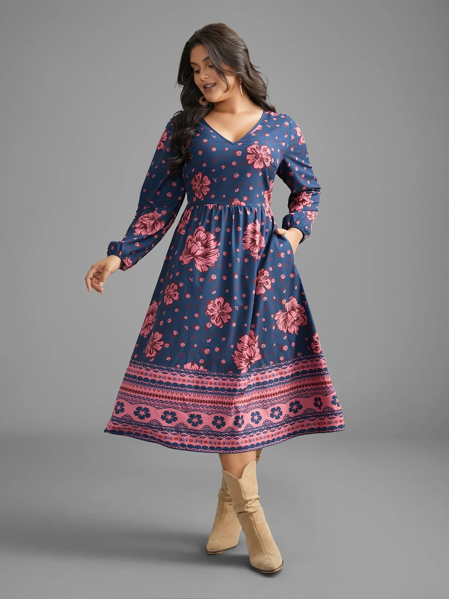 Boho Print V Neck Elastic Waist Dress sold by Bloomchic product image thumbnail 3