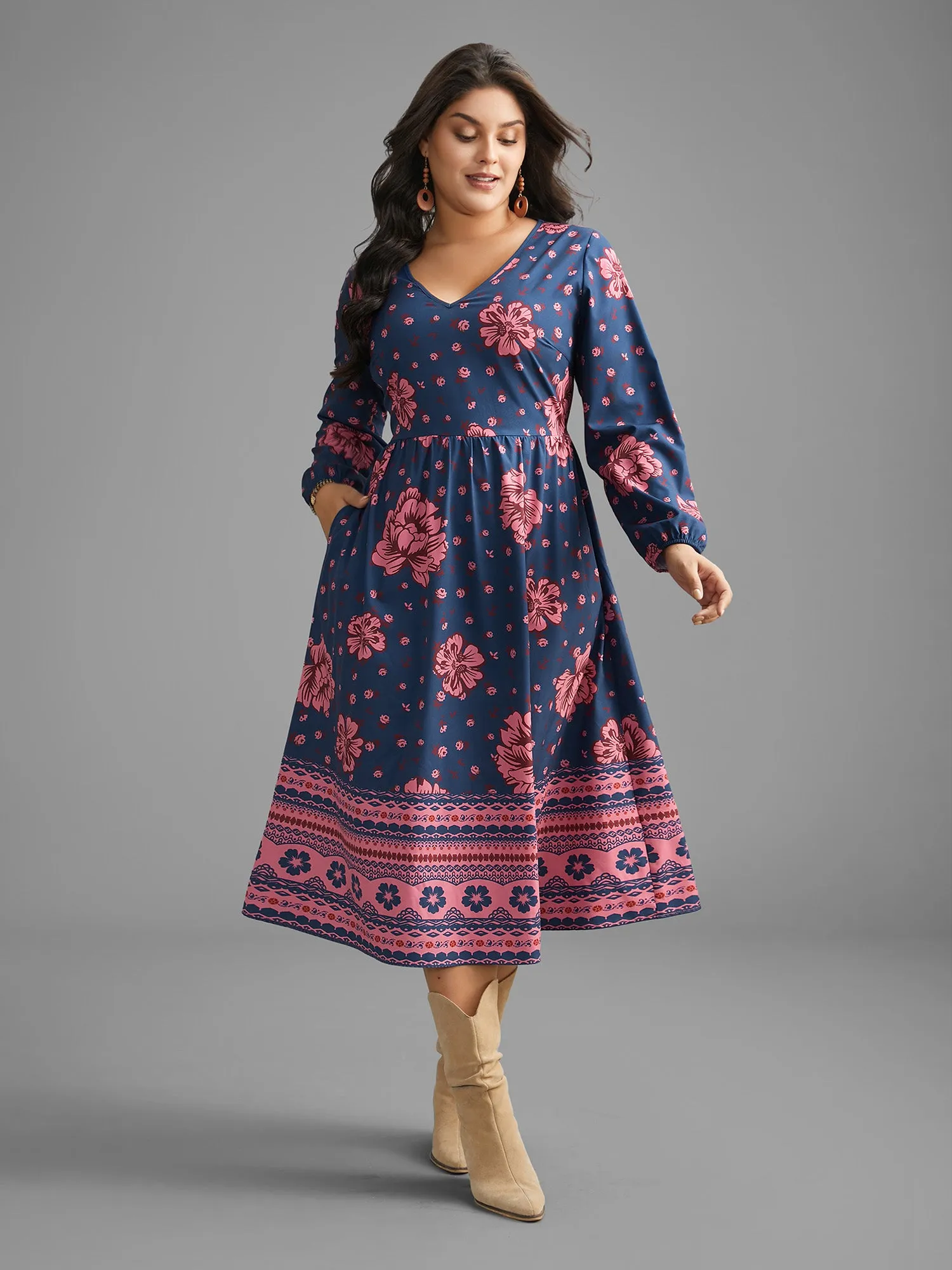 Boho Print V Neck Elastic Waist Dress sold by Bloomchic