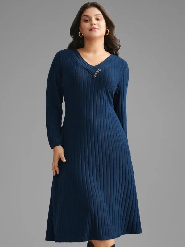Plain Rib Knit Button Detail Dress sold by Bloomchic