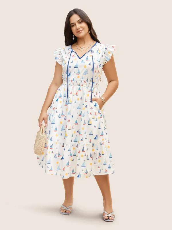 Boat Print Ruffles Shirred Cross Straps Dress sold by Bloomchic