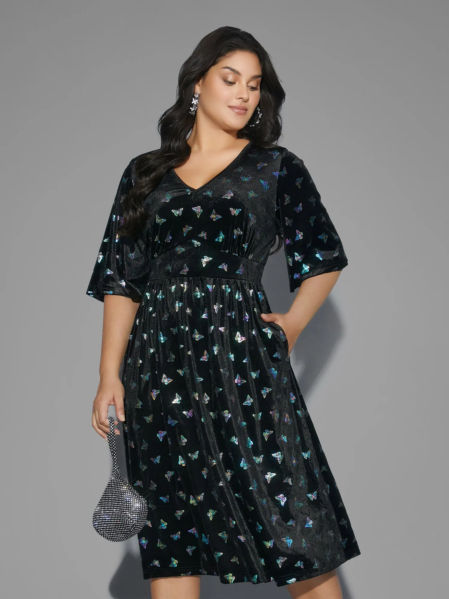 Butterfly Glitter Flutter Sleeve Midi Dress sold by Bloomchic
