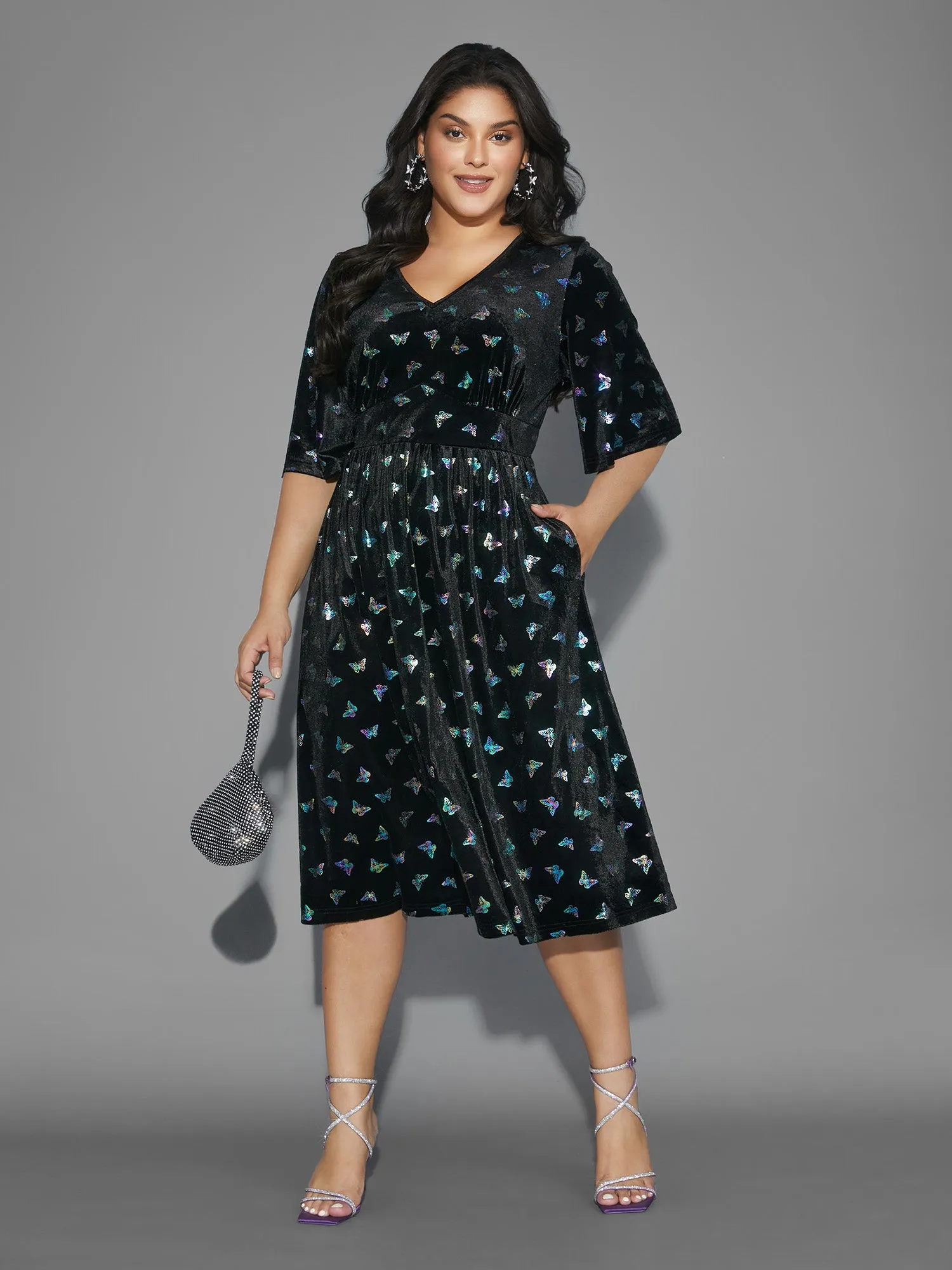 Butterfly Glitter Flutter Sleeve Midi Dress sold by Bloomchic product image thumbnail 3