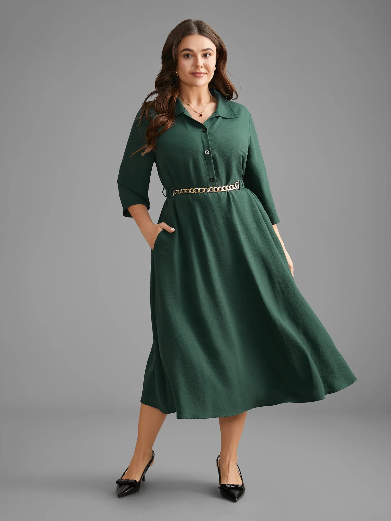 Shirt Collar Button Up Metal Chain Detail Dress sold by Bloomchic product image thumbnail 3