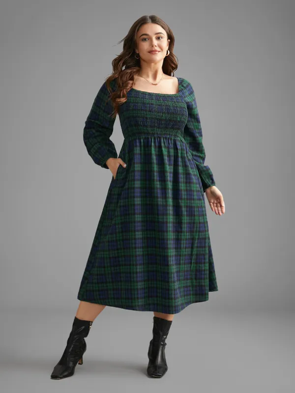 Plaid Square Neck Shirred Midi Dress sold by Bloomchic