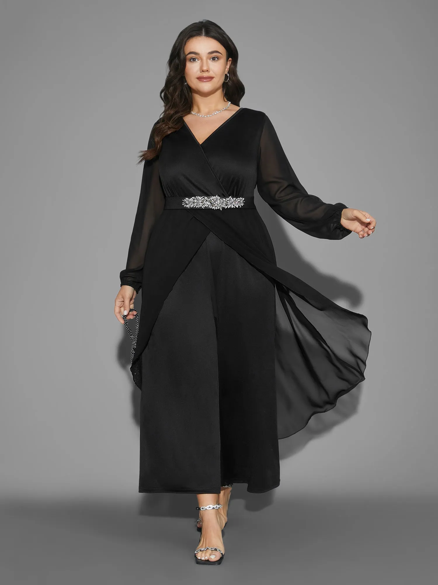 Chiffon Mesh Overlap Collar Gathered Jumpsuit sold by Bloomchic product image thumbnail 3