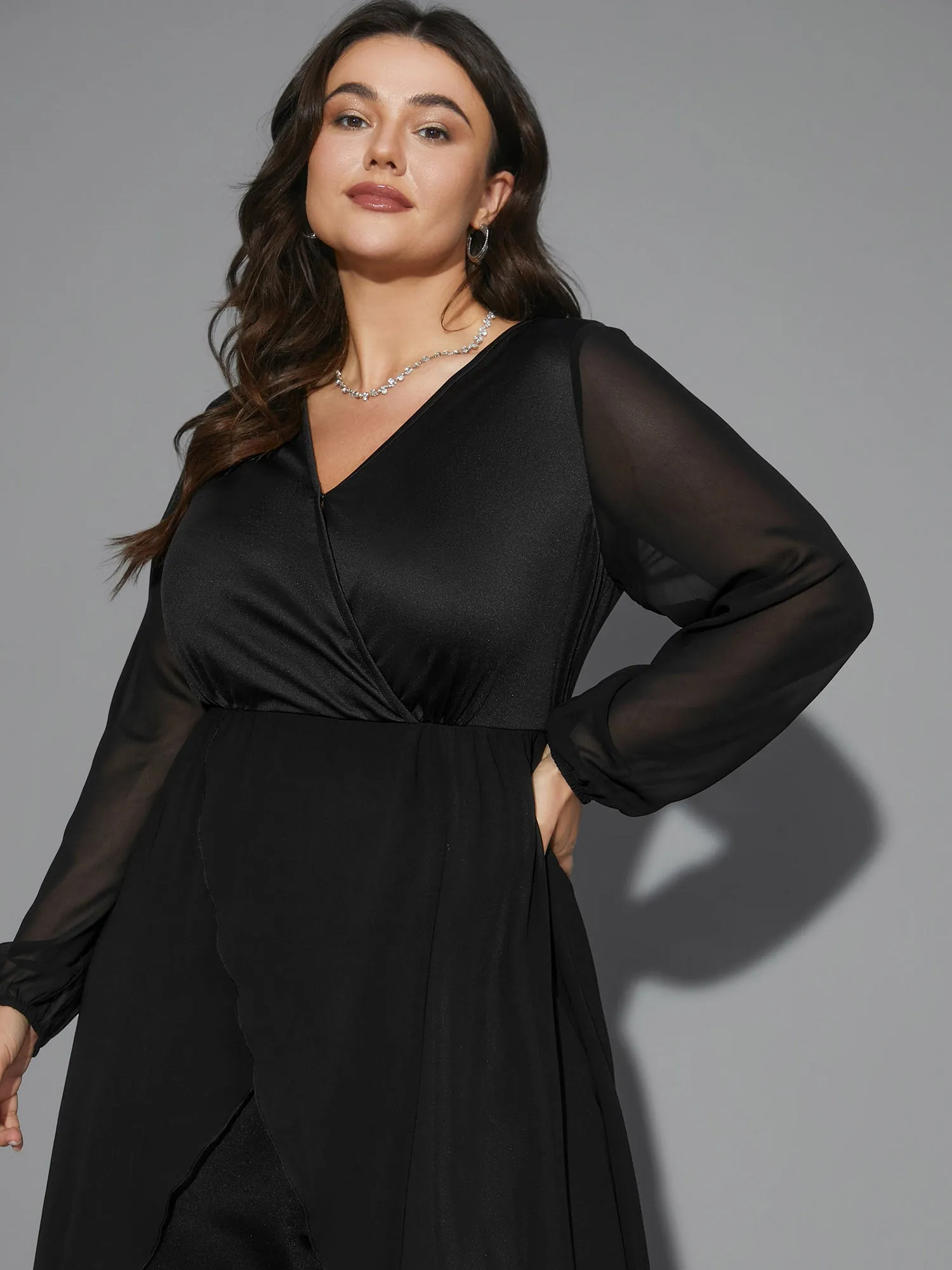 Chiffon Mesh Overlap Collar Gathered Jumpsuit sold by Bloomchic product image thumbnail 2