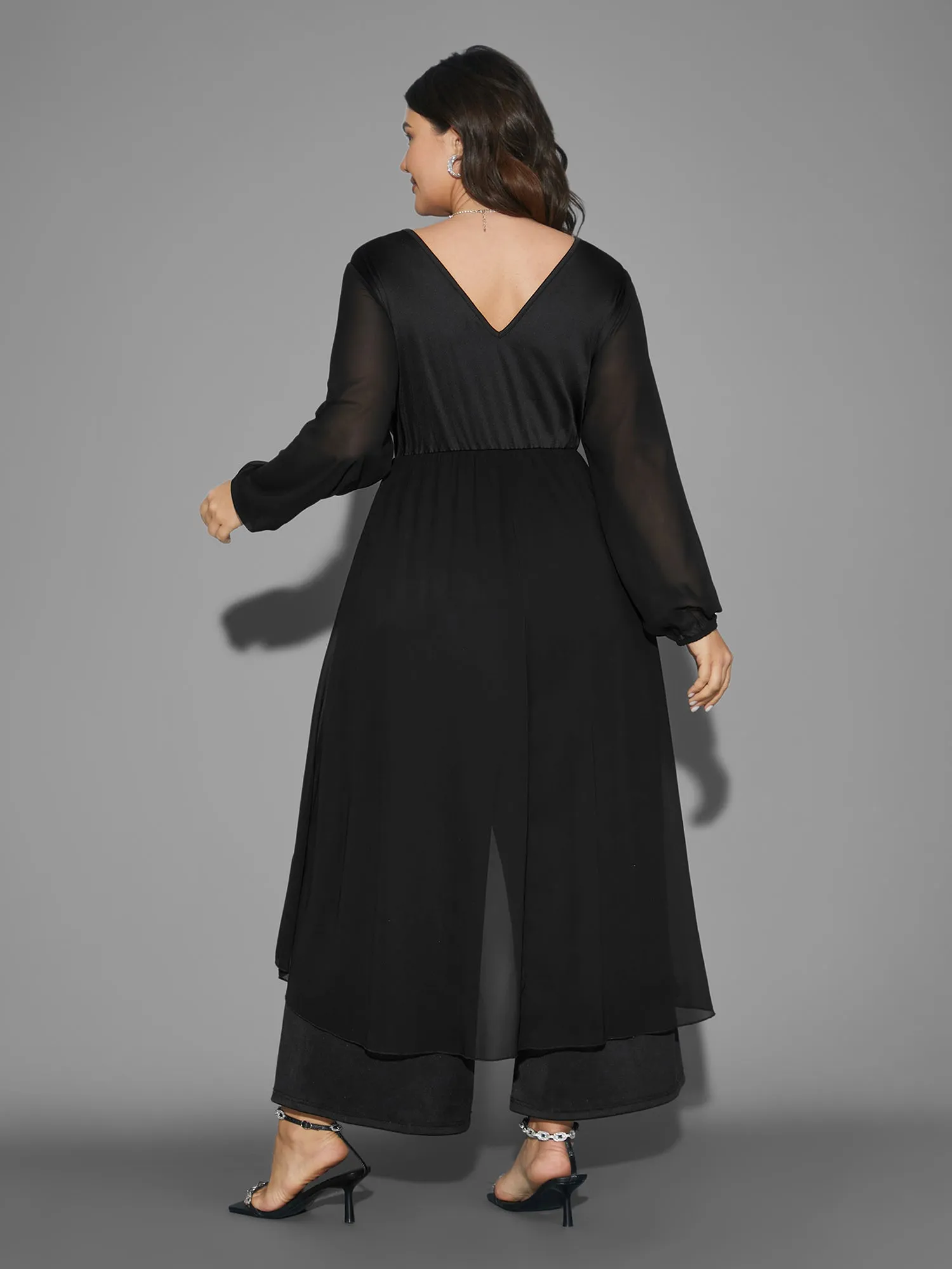 Chiffon Mesh Overlap Collar Gathered Jumpsuit sold by Bloomchic product image thumbnail 5