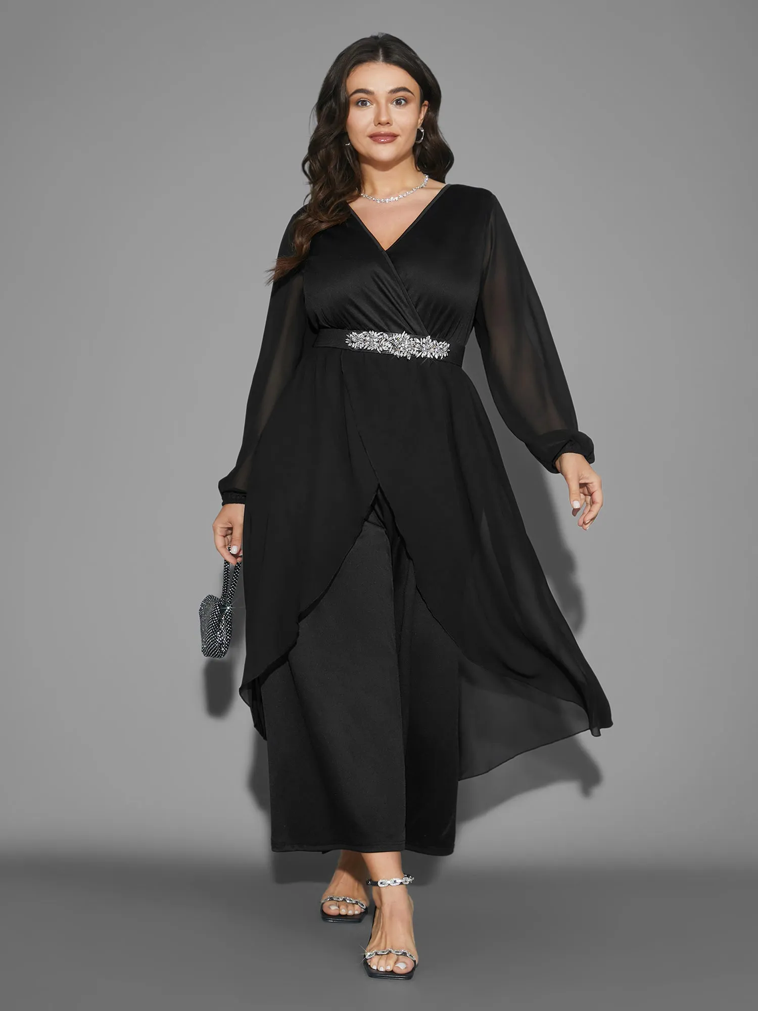 Chiffon Mesh Overlap Collar Gathered Jumpsuit sold by Bloomchic