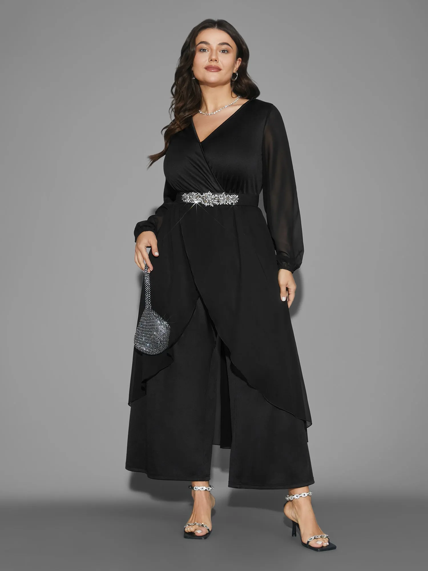 Chiffon Mesh Overlap Collar Gathered Jumpsuit sold by Bloomchic product image thumbnail 4