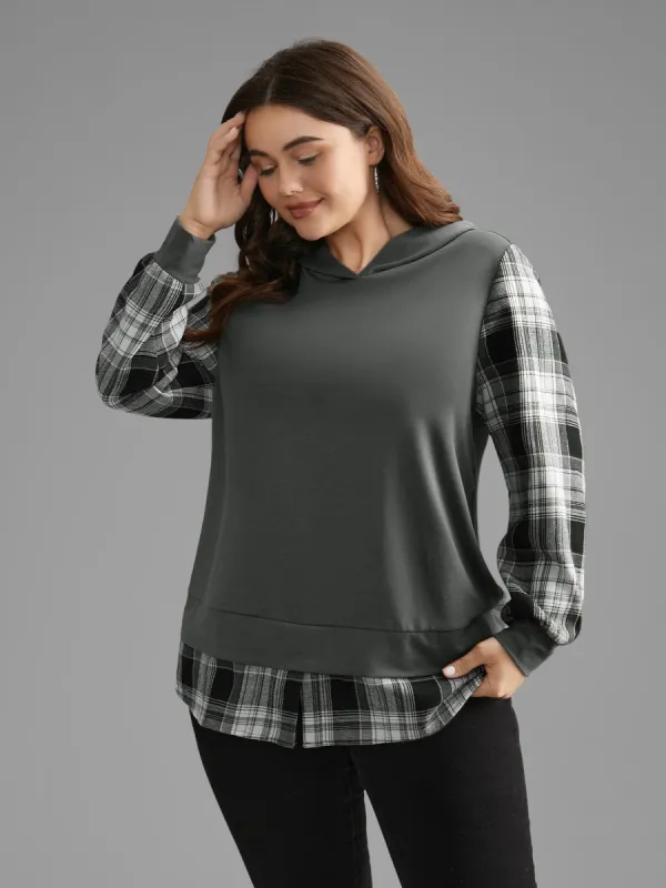 Plaid Patchwork Contrast Hooded Sweatshirt sold by Bloomchic