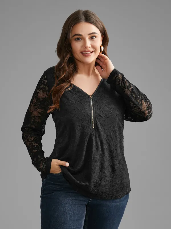 Lace Patchwork Half Zip Jersey Top sold by Bloomchic