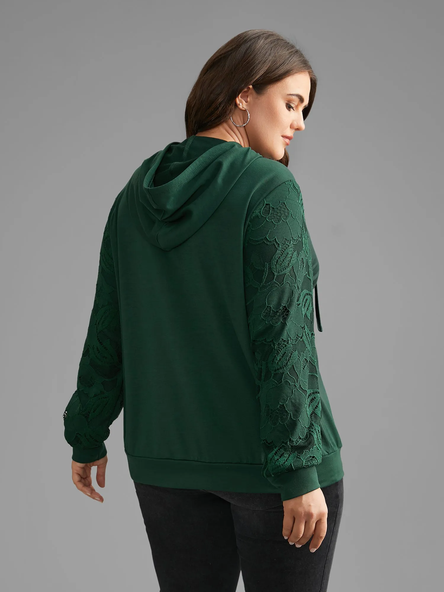 Lace Patchwork Pocket Hooded Drawstring Sweatshirt sold by Bloomchic product image thumbnail 5