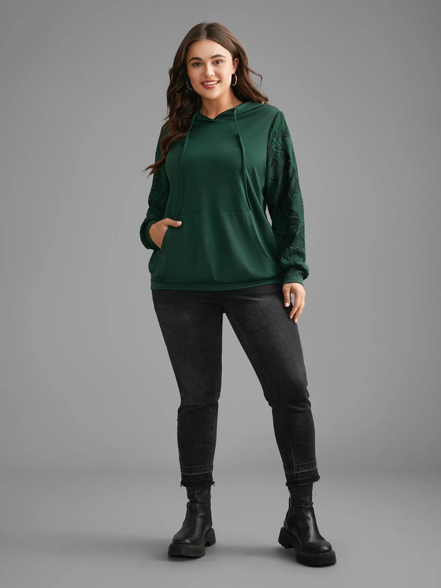 Lace Patchwork Pocket Hooded Drawstring Sweatshirt sold by Bloomchic product image thumbnail 3