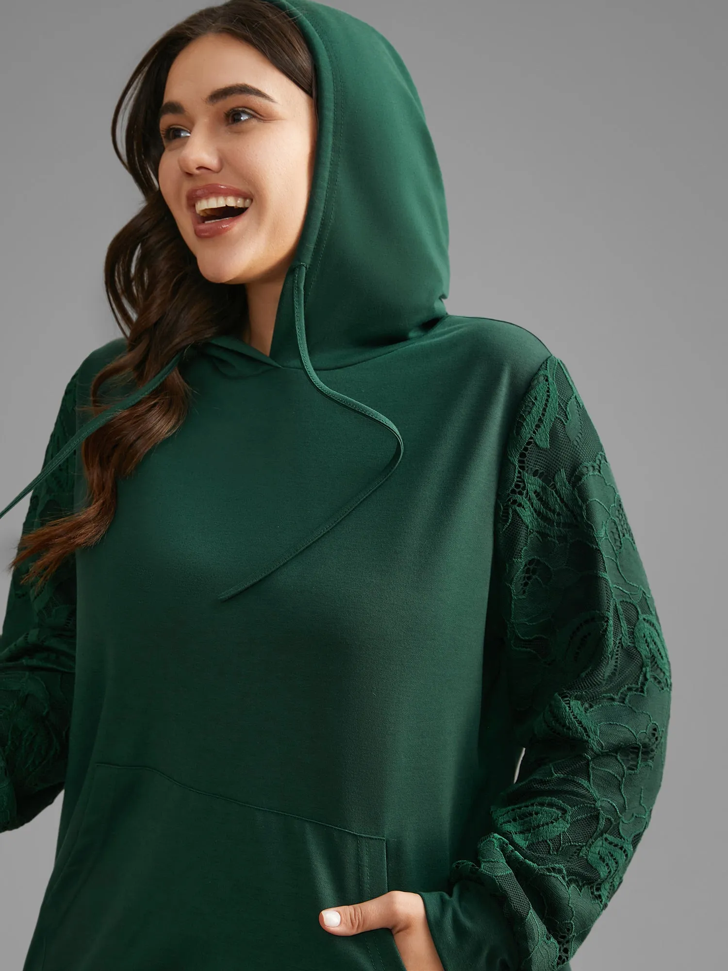 Lace Patchwork Pocket Hooded Drawstring Sweatshirt sold by Bloomchic product image thumbnail 4