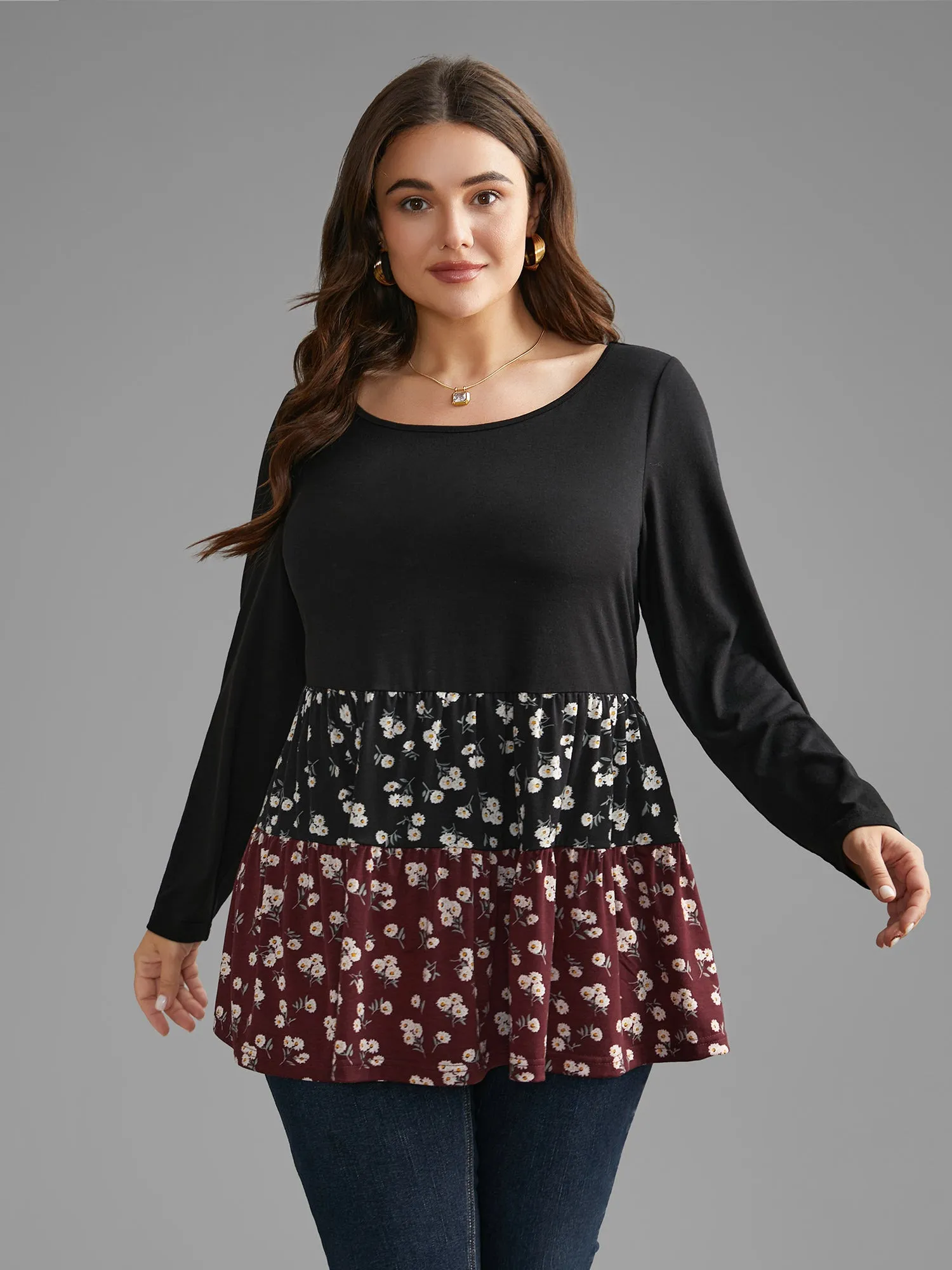 Ditsy Floral Contrast Patchwork Ruffle Hem Top sold by Bloomchic product image thumbnail 4