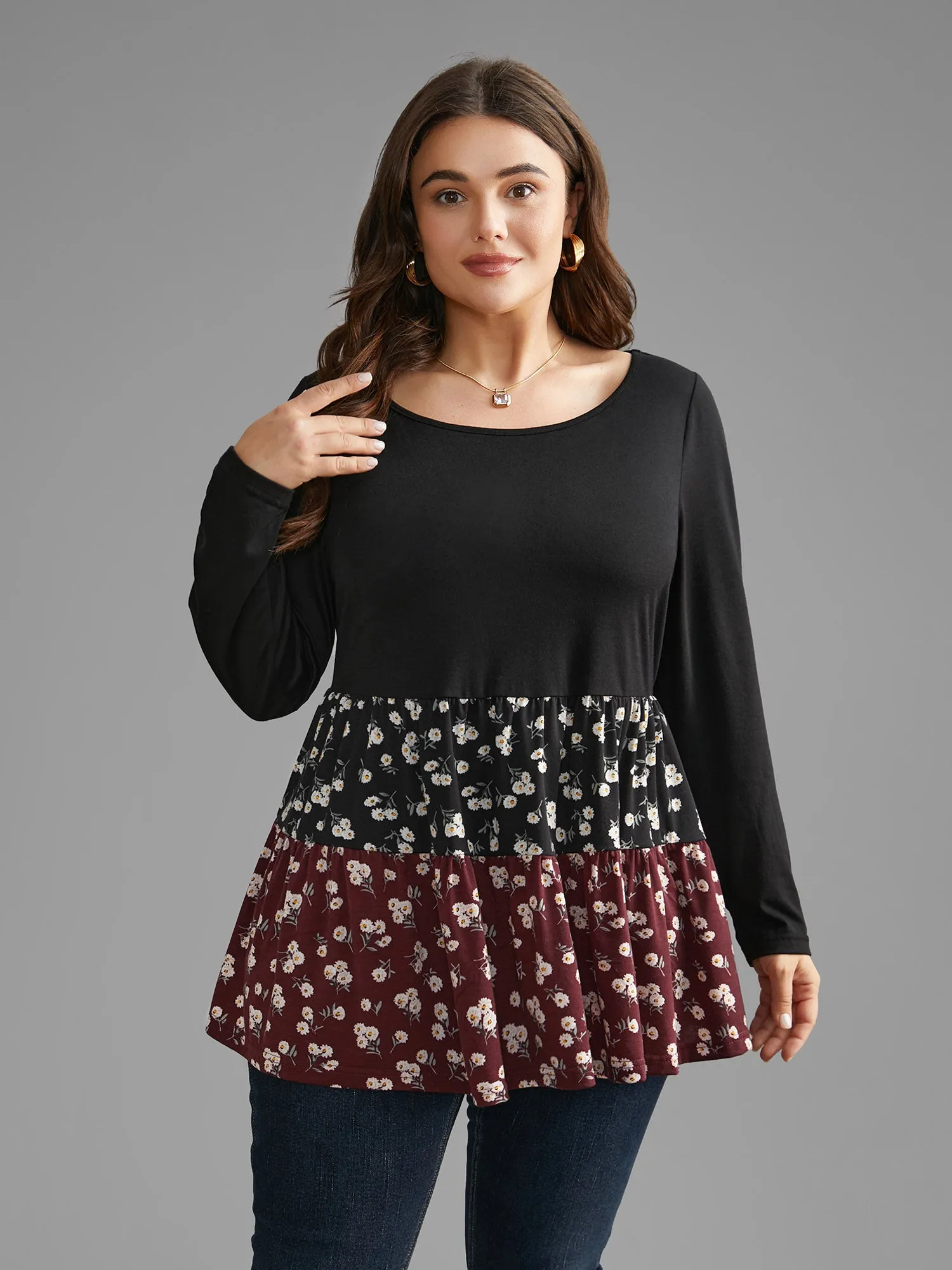 Ditsy Floral Contrast Patchwork Ruffle Hem Top sold by Bloomchic product image thumbnail 3