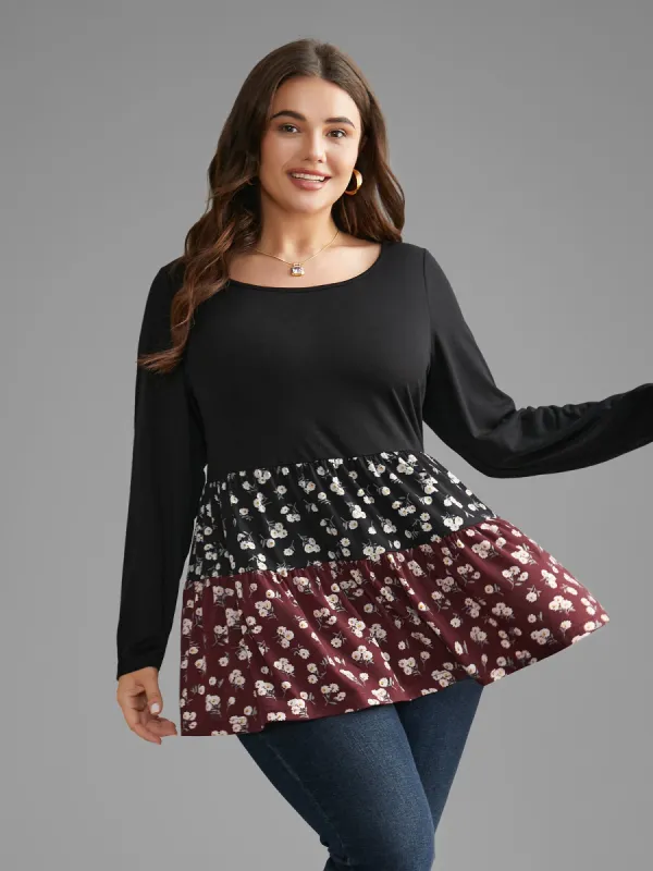Ditsy Floral Contrast Patchwork Ruffle Hem Top sold by Bloomchic