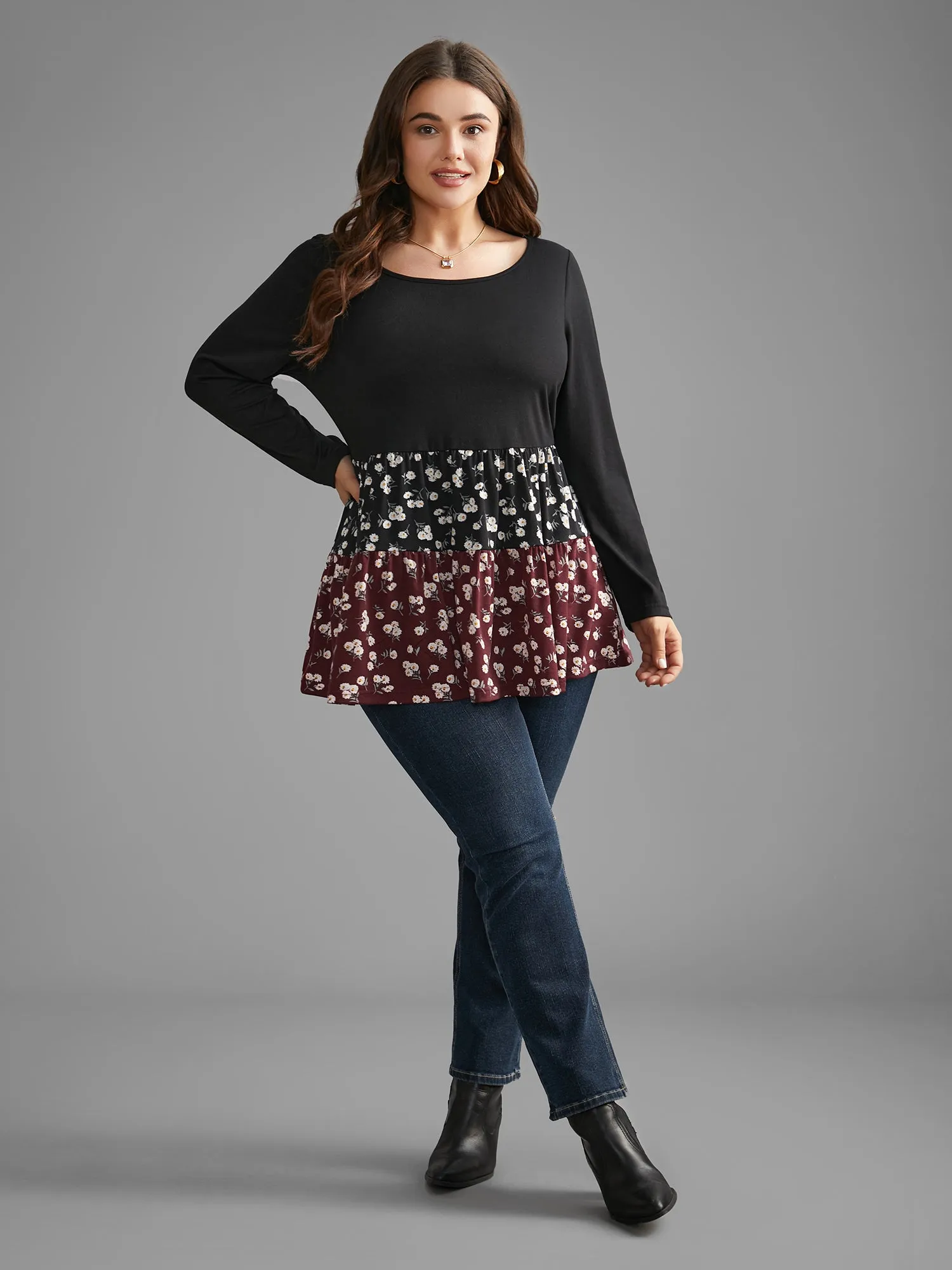 Ditsy Floral Contrast Patchwork Ruffle Hem Top sold by Bloomchic product image thumbnail 2