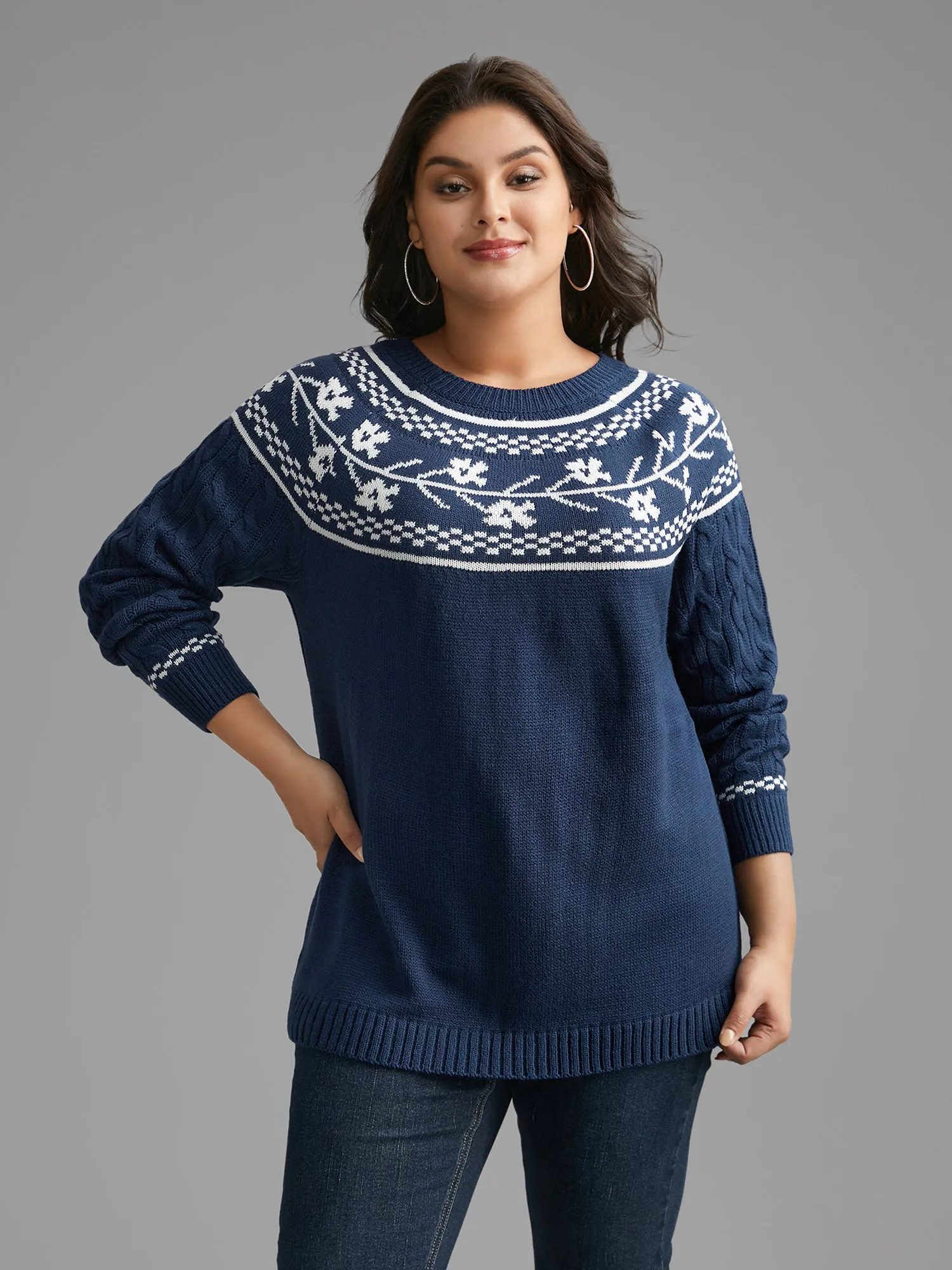 Floral Cable Knit Raglan Sleeve Pullover sold by Bloomchic product image thumbnail 4