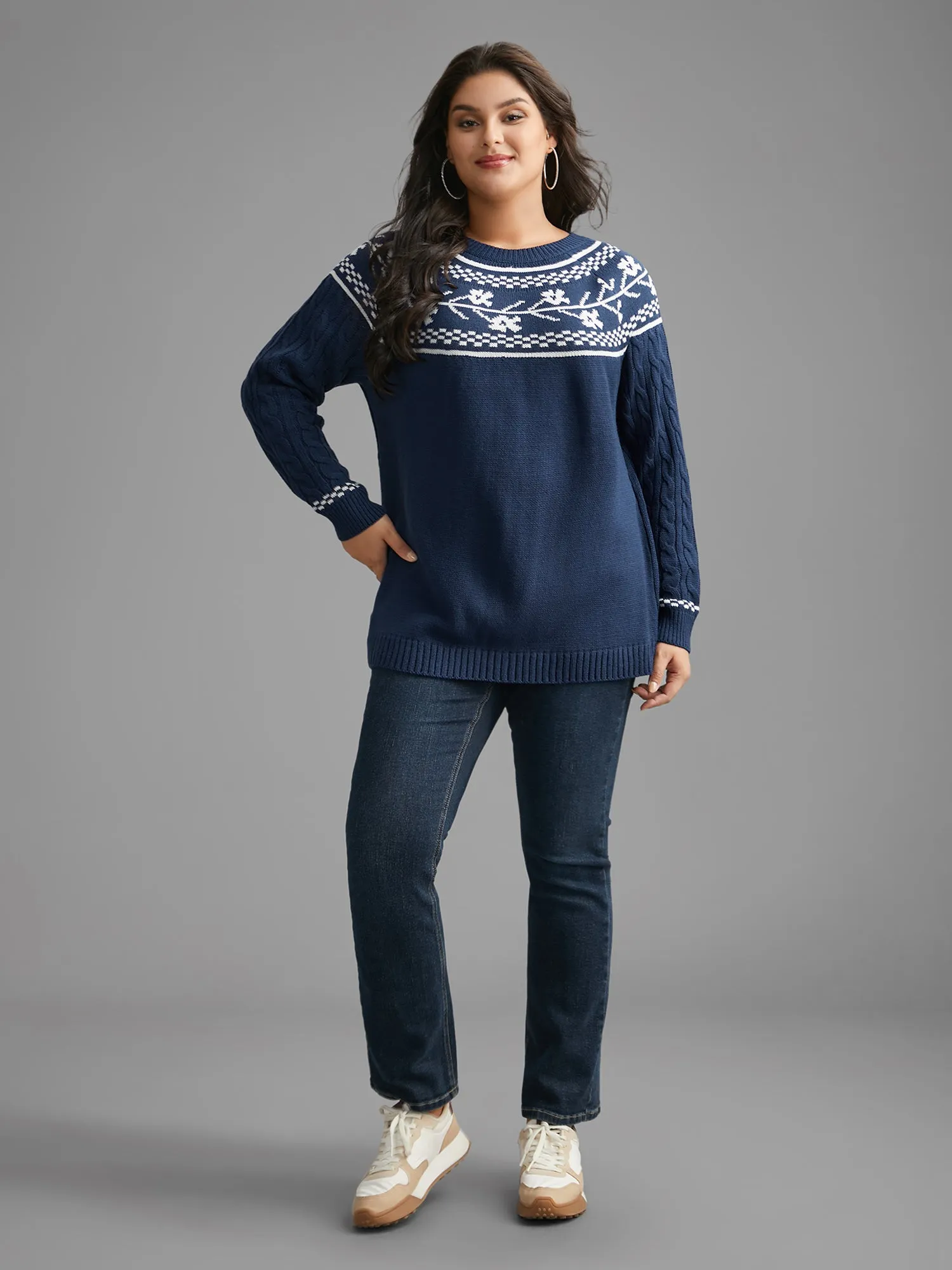 Floral Cable Knit Raglan Sleeve Pullover sold by Bloomchic product image thumbnail 3