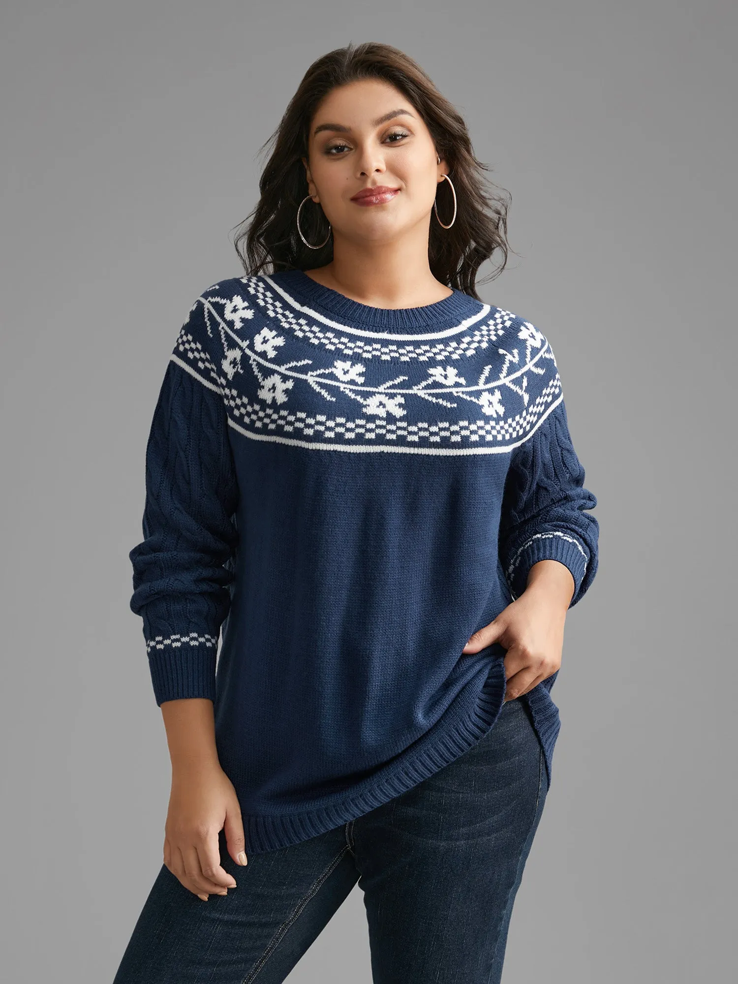 Floral Cable Knit Raglan Sleeve Pullover sold by Bloomchic