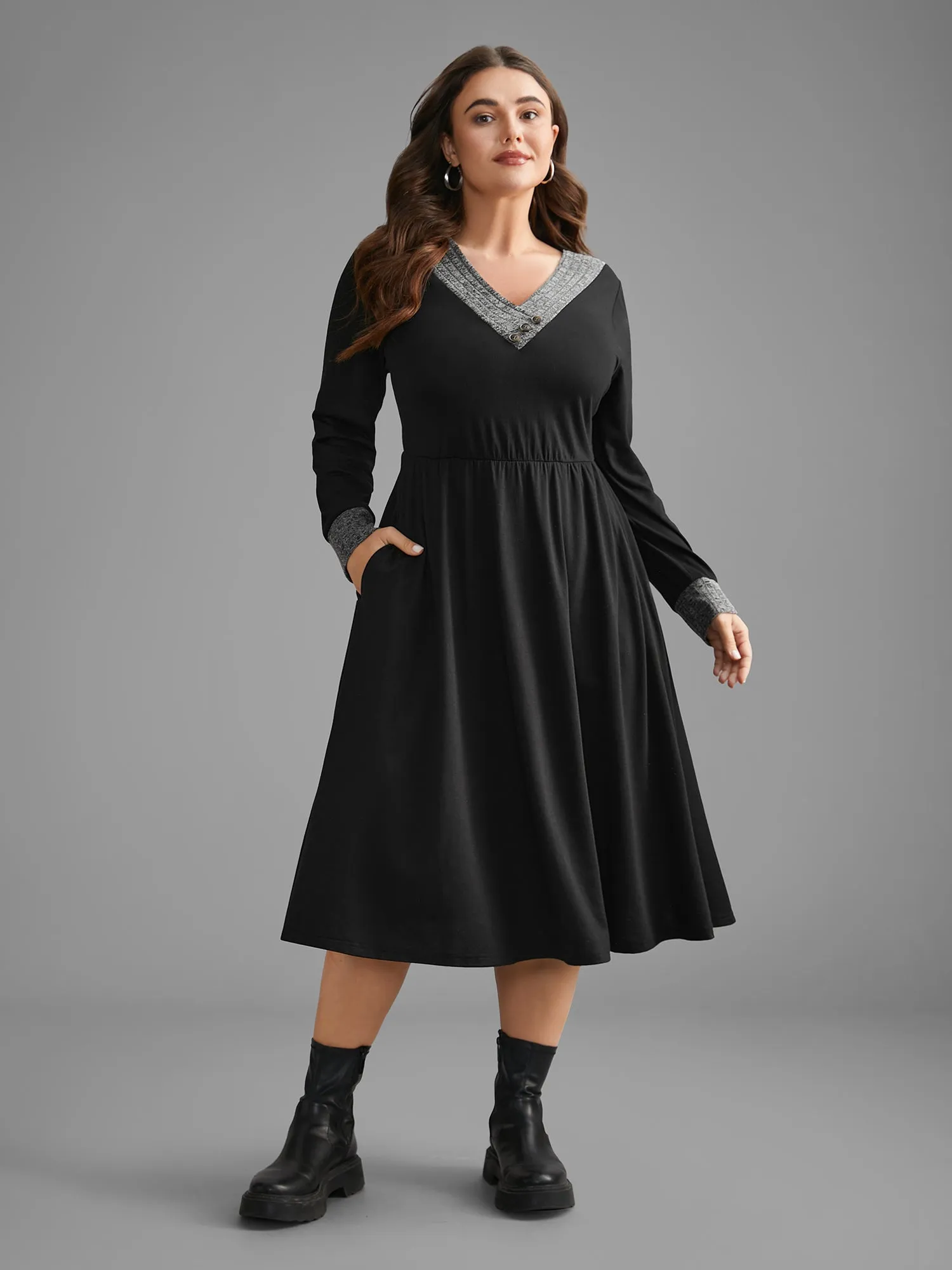 Textured Patchwork Button Detail Midi Dress sold by Bloomchic product image thumbnail 3