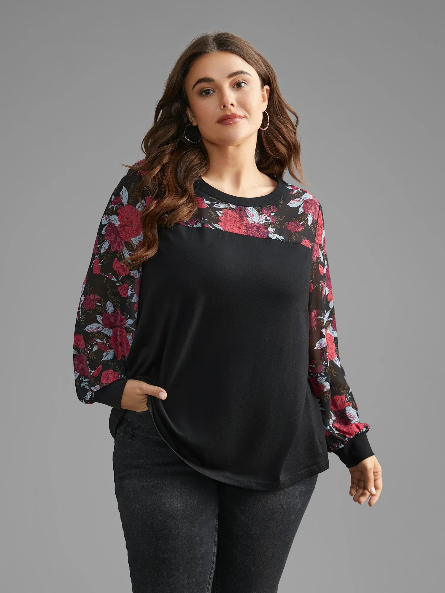 Round Neck Floral Patchwork Stretchy T-shirt sold by Bloomchic