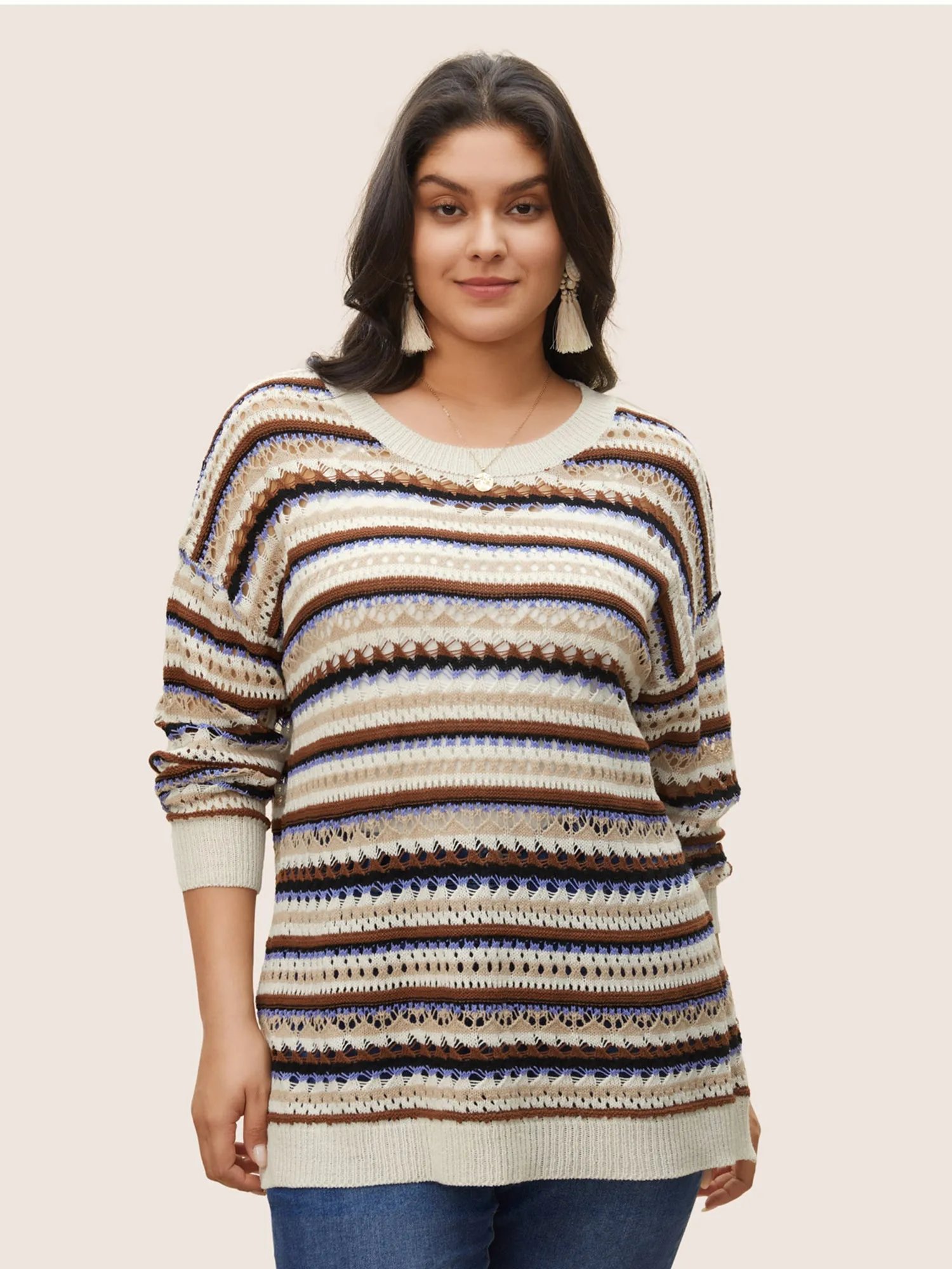 Striped Contrast Drop Shoulder Hollow Out Pullover sold by Bloomchic product image thumbnail 3