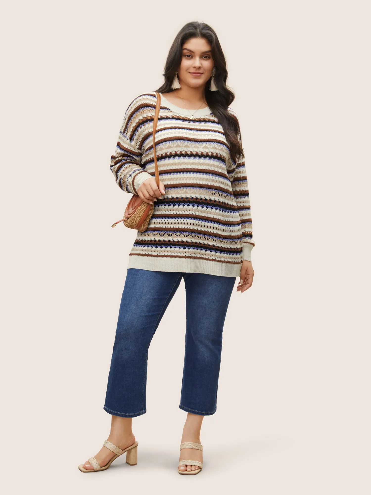 Striped Contrast Drop Shoulder Hollow Out Pullover sold by Bloomchic product image thumbnail 4