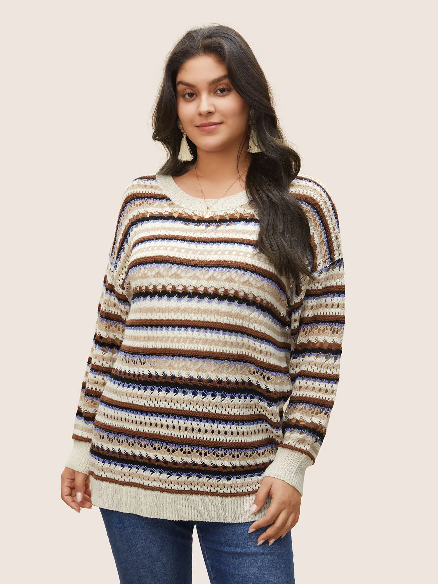 Striped Contrast Drop Shoulder Hollow Out Pullover sold by Bloomchic