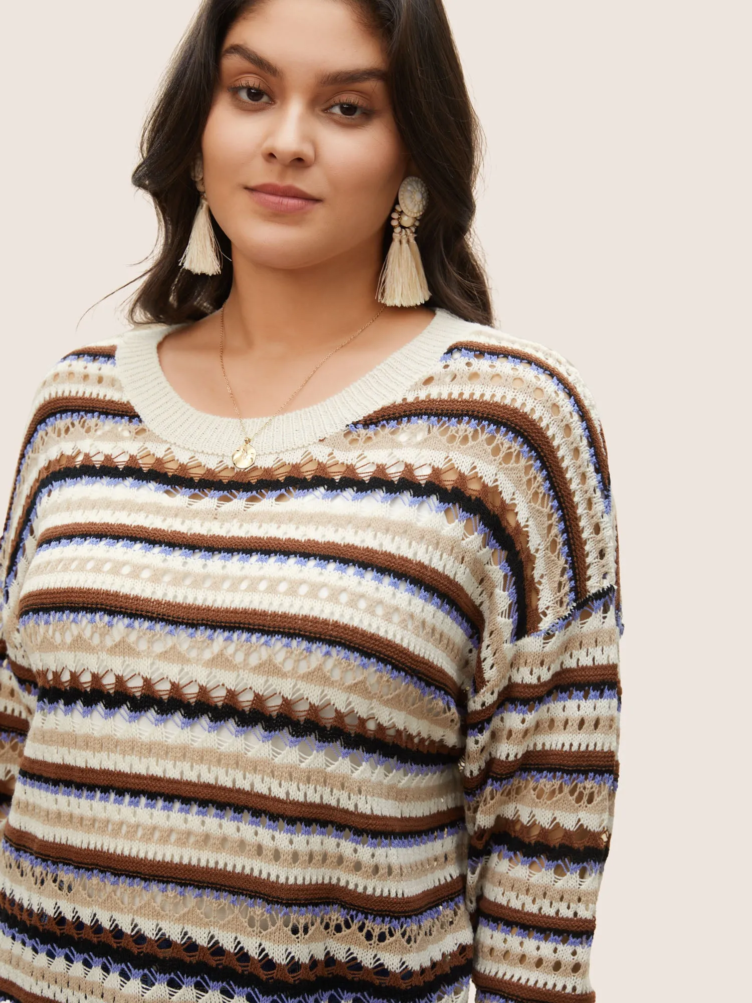 Striped Contrast Drop Shoulder Hollow Out Pullover sold by Bloomchic product image thumbnail 5