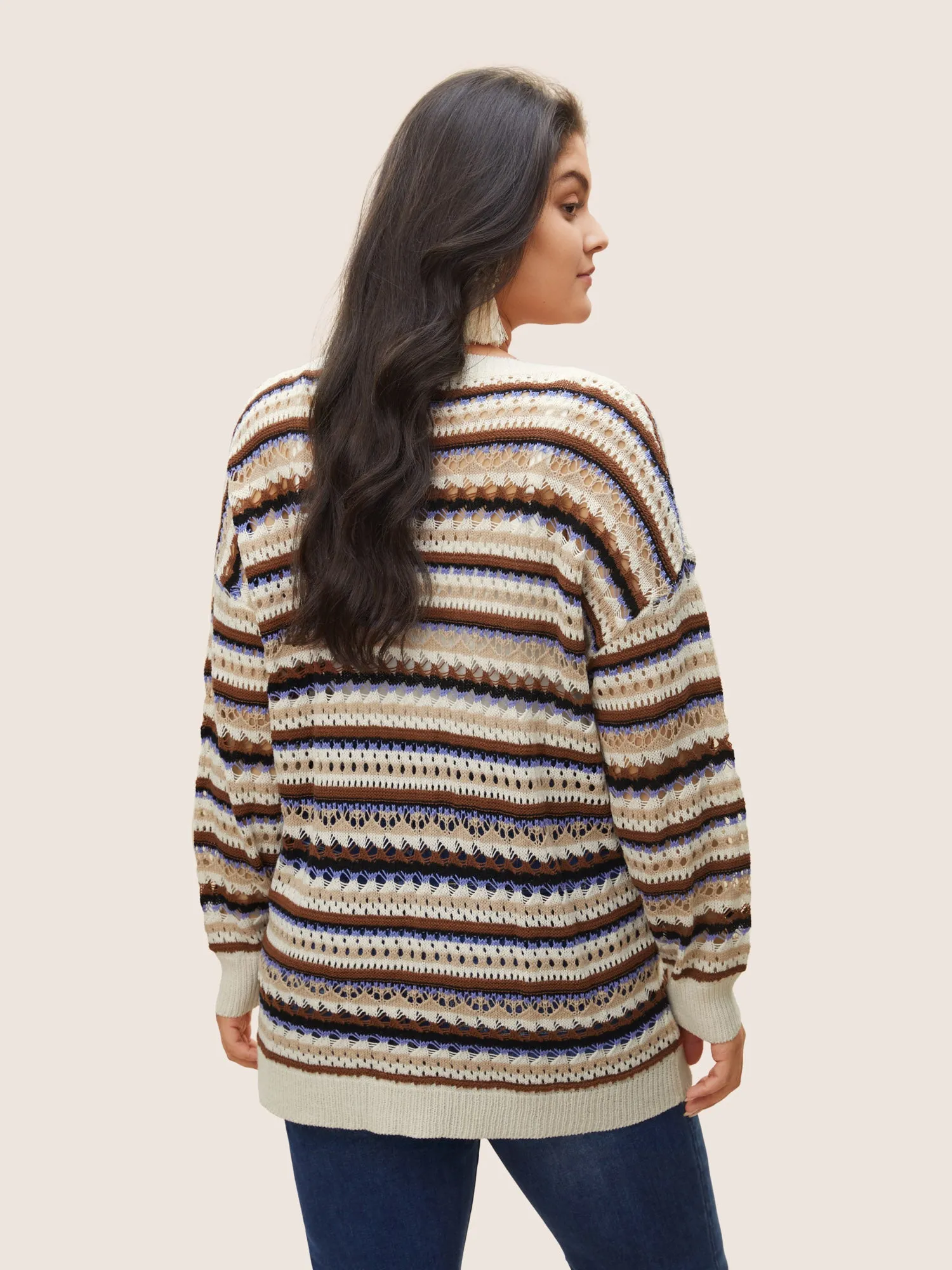 Striped Contrast Drop Shoulder Hollow Out Pullover sold by Bloomchic product image thumbnail 2