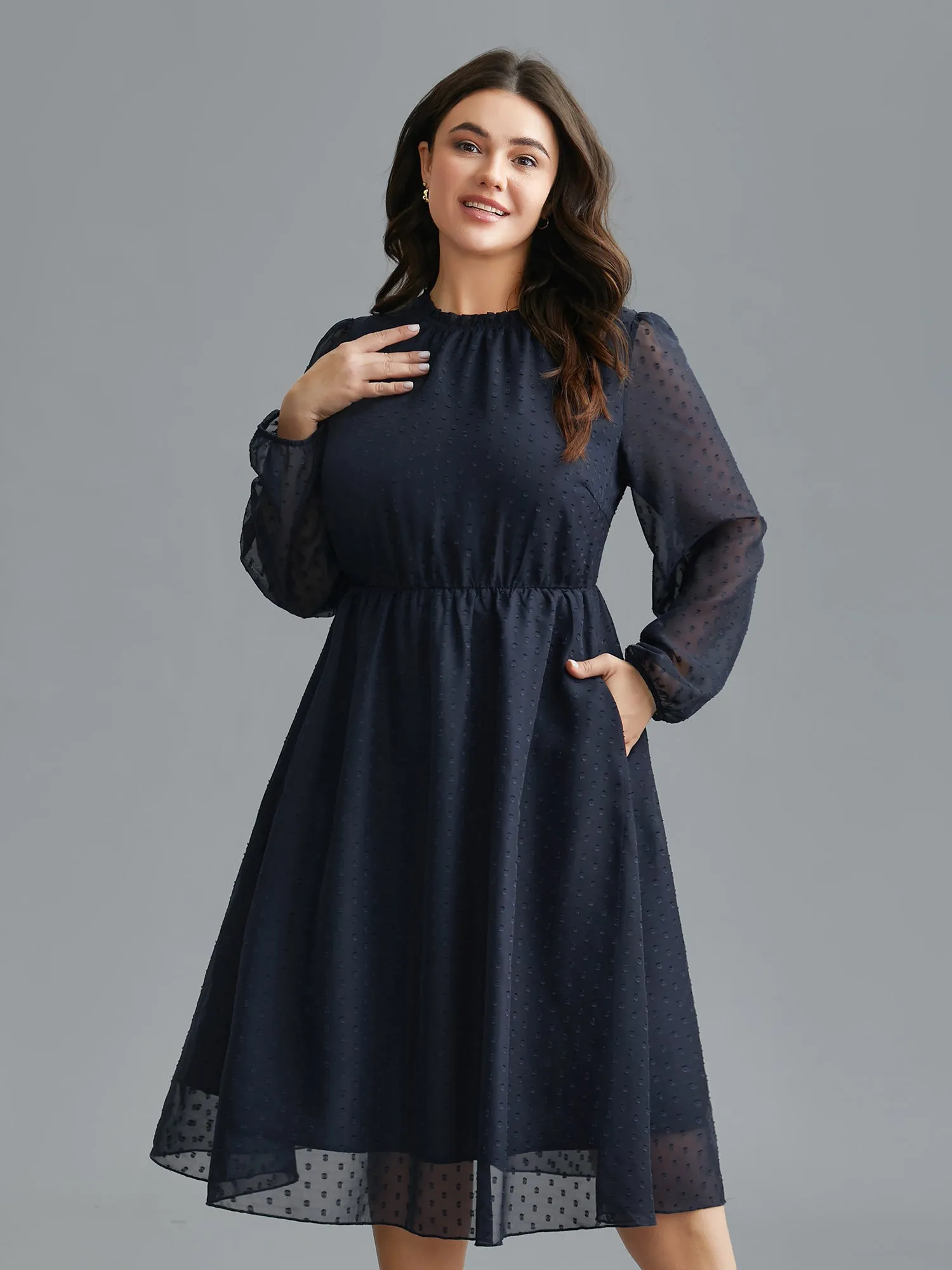 Mock Neck Sheer Sleeves Chiffon Midi Dress sold by Bloomchic