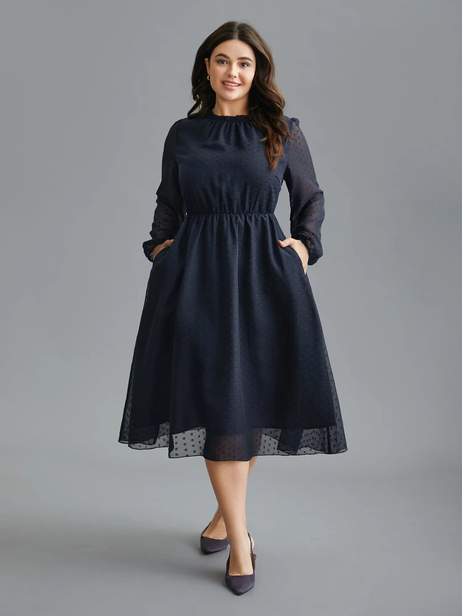 Mock Neck Sheer Sleeves Chiffon Midi Dress sold by Bloomchic product image thumbnail 3