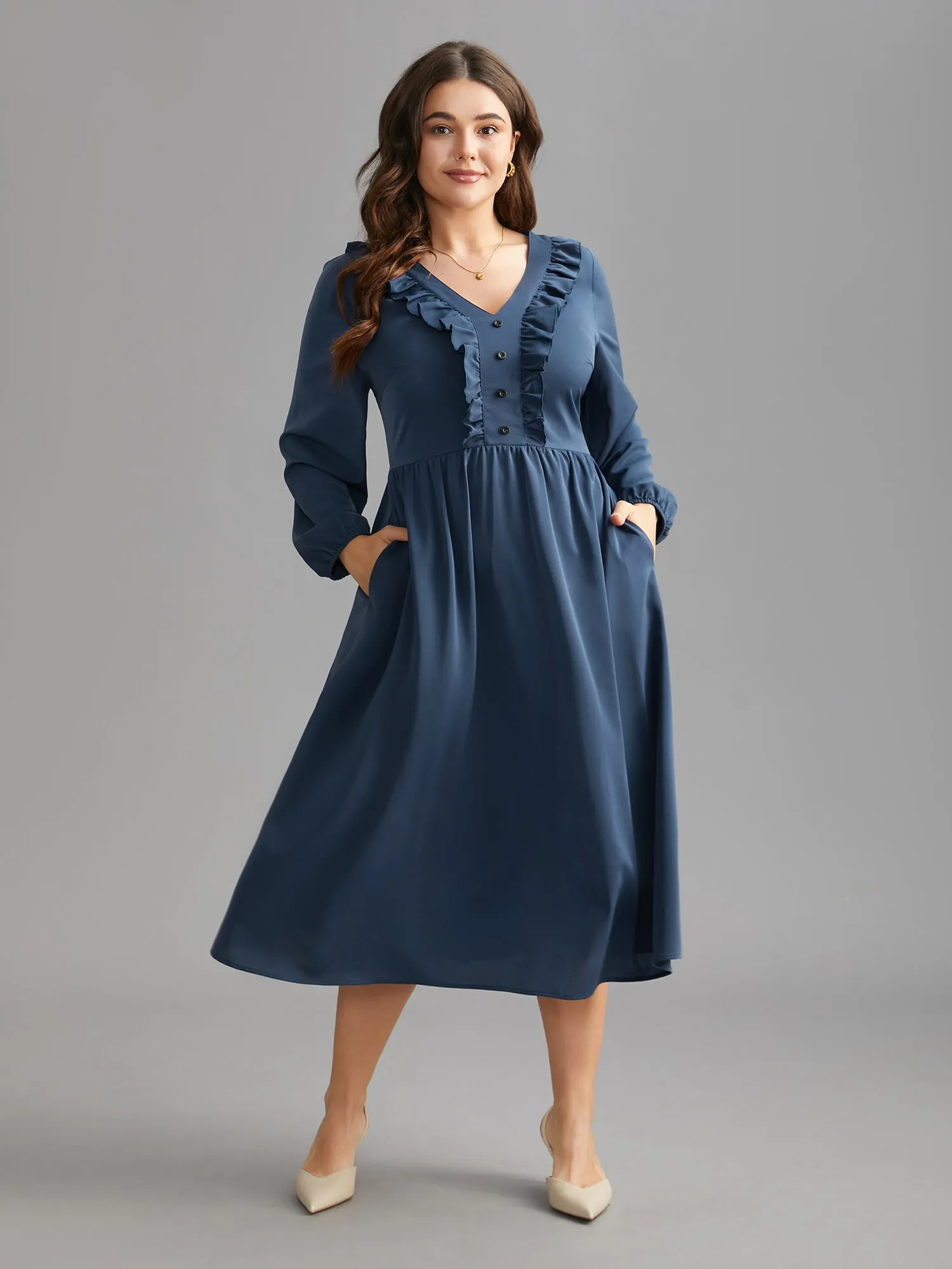 Solid Ruffle Trim Elastic Waist Midi Dress sold by Bloomchic product image thumbnail 3