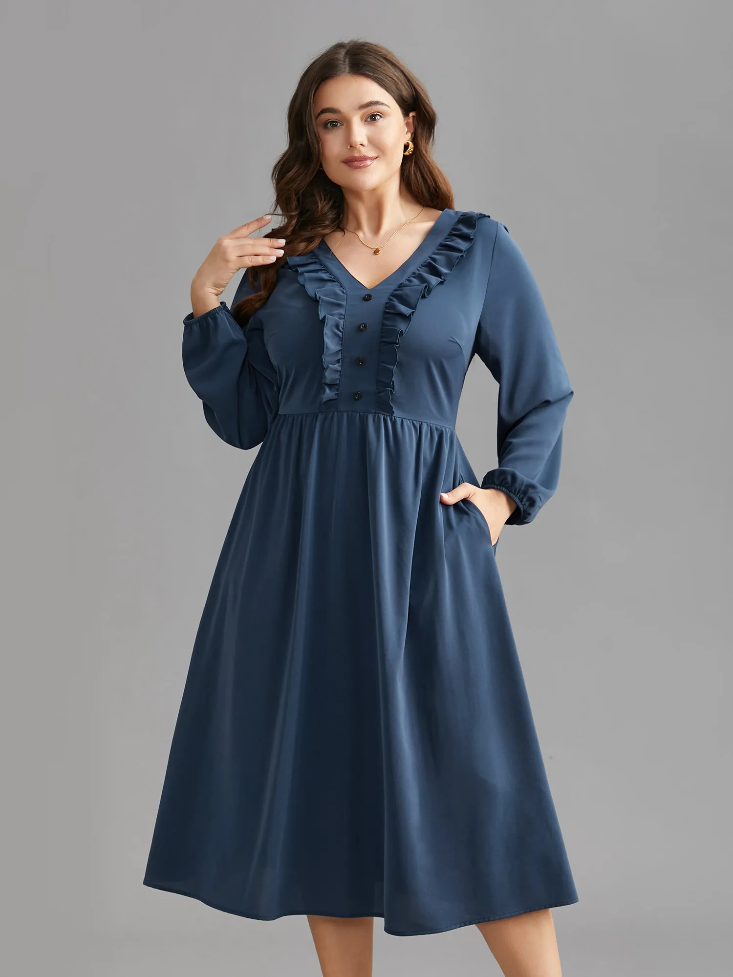 Solid Ruffle Trim Elastic Waist Midi Dress sold by Bloomchic