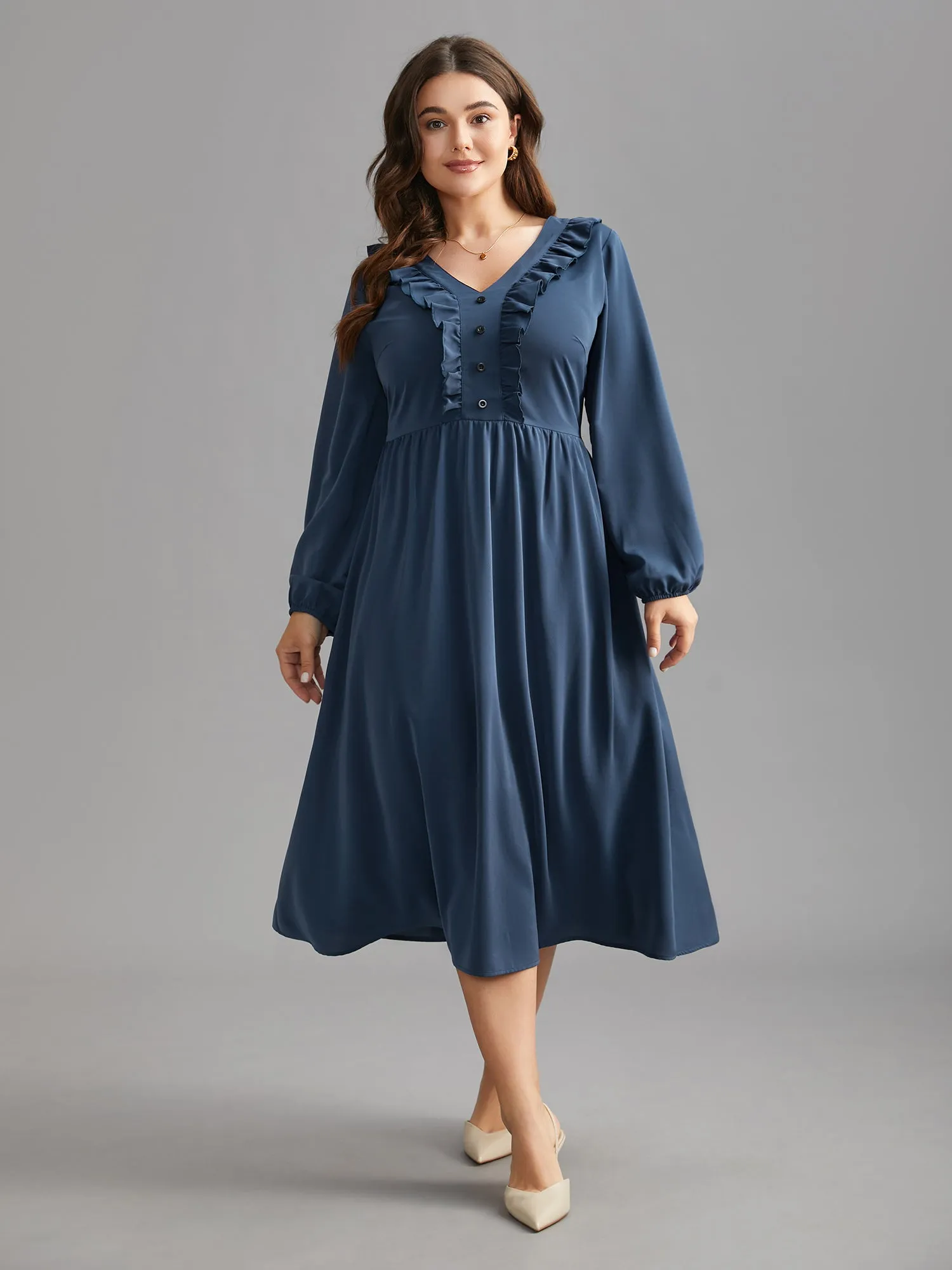 Solid Ruffle Trim Elastic Waist Midi Dress sold by Bloomchic product image thumbnail 2