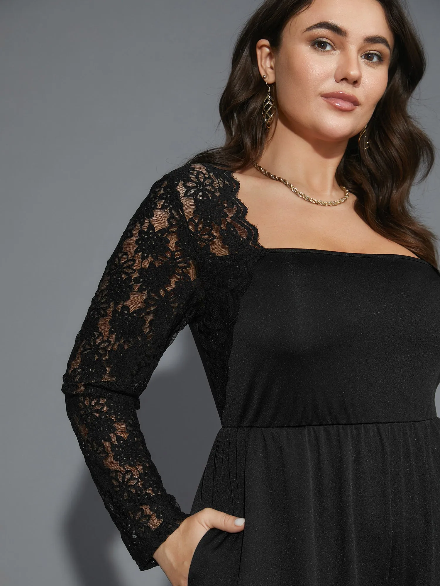 Lace Mesh Sleeves Square Neck Jumpsuit sold by Bloomchic product image thumbnail 2