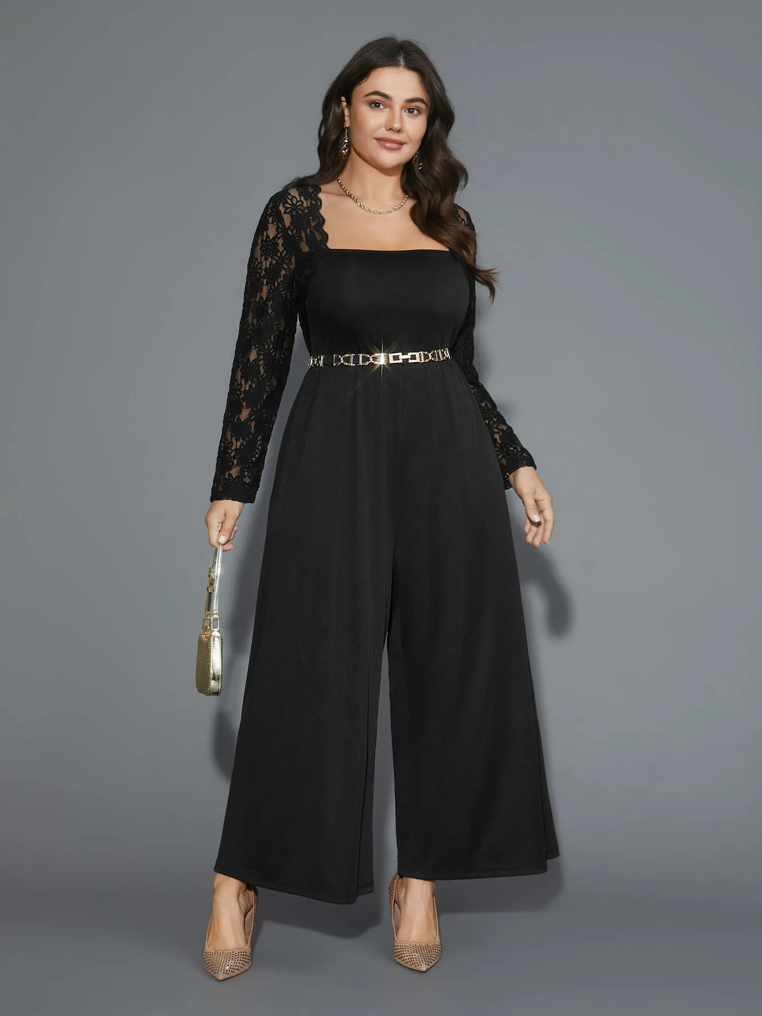 Lace Mesh Sleeves Square Neck Jumpsuit sold by Bloomchic
